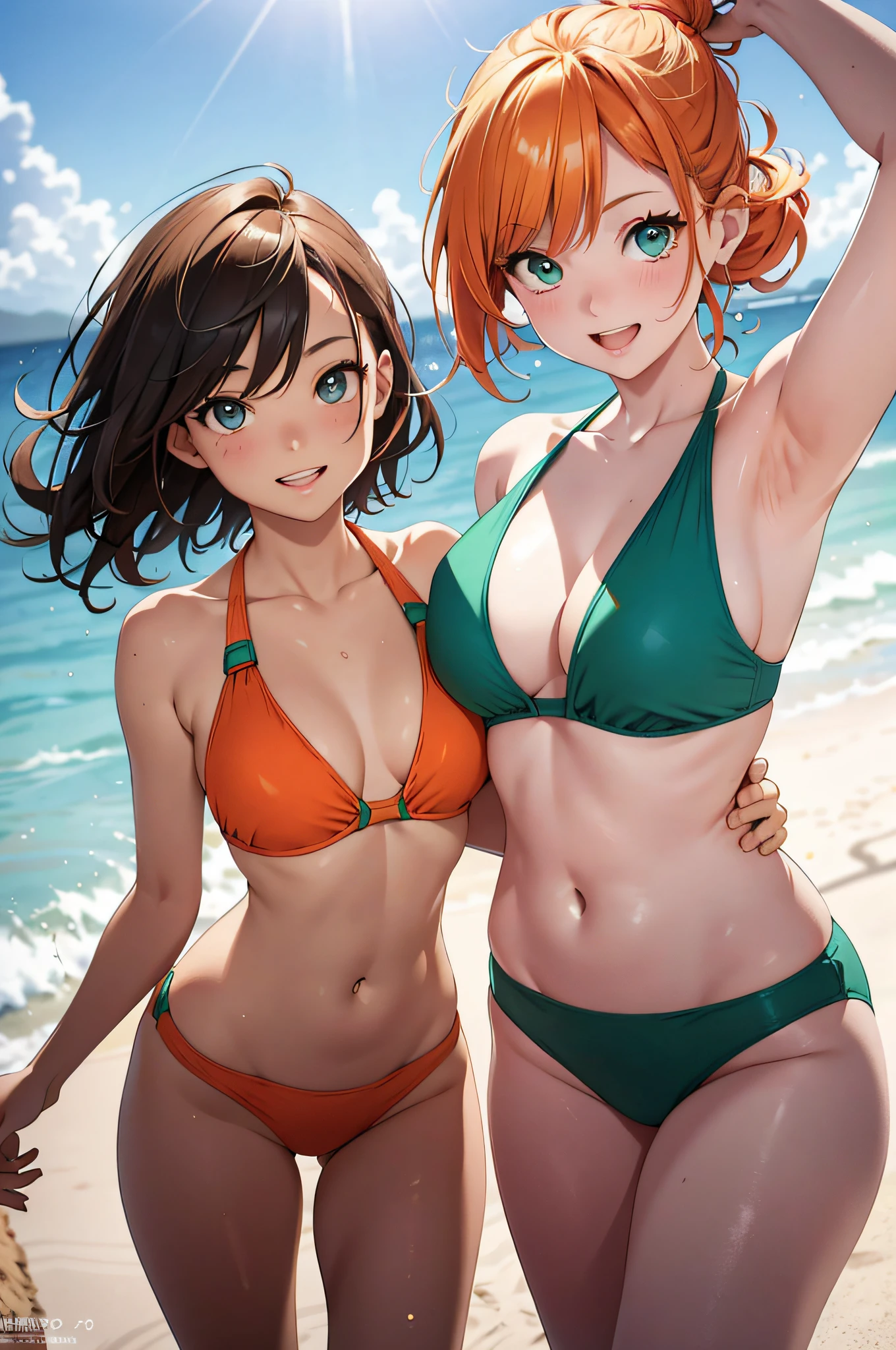 (Official art、Best Quality、Unity 8k Wallpapers、32K、masterpiece、ultra-detailliert、超A high resolution、realisitic、Photorealsitic:1.2)、(natural soft light:1.2)、Fireglow effect、film grains、Best Shadows、Rim lighting、side lights、sideshot、(Ultra-detailed and complex 3D rendering)、Detailed beautiful face and eyes、、Full body, sand beach、beauitful face、blurry backround、18 year old beautiful girl、shinny skin、beautiful orange hair、Green eyes、Bikini swimwear、raise arms、beach balls、Curve、Dynamic Poses、Smile with open mouth、Two girls、