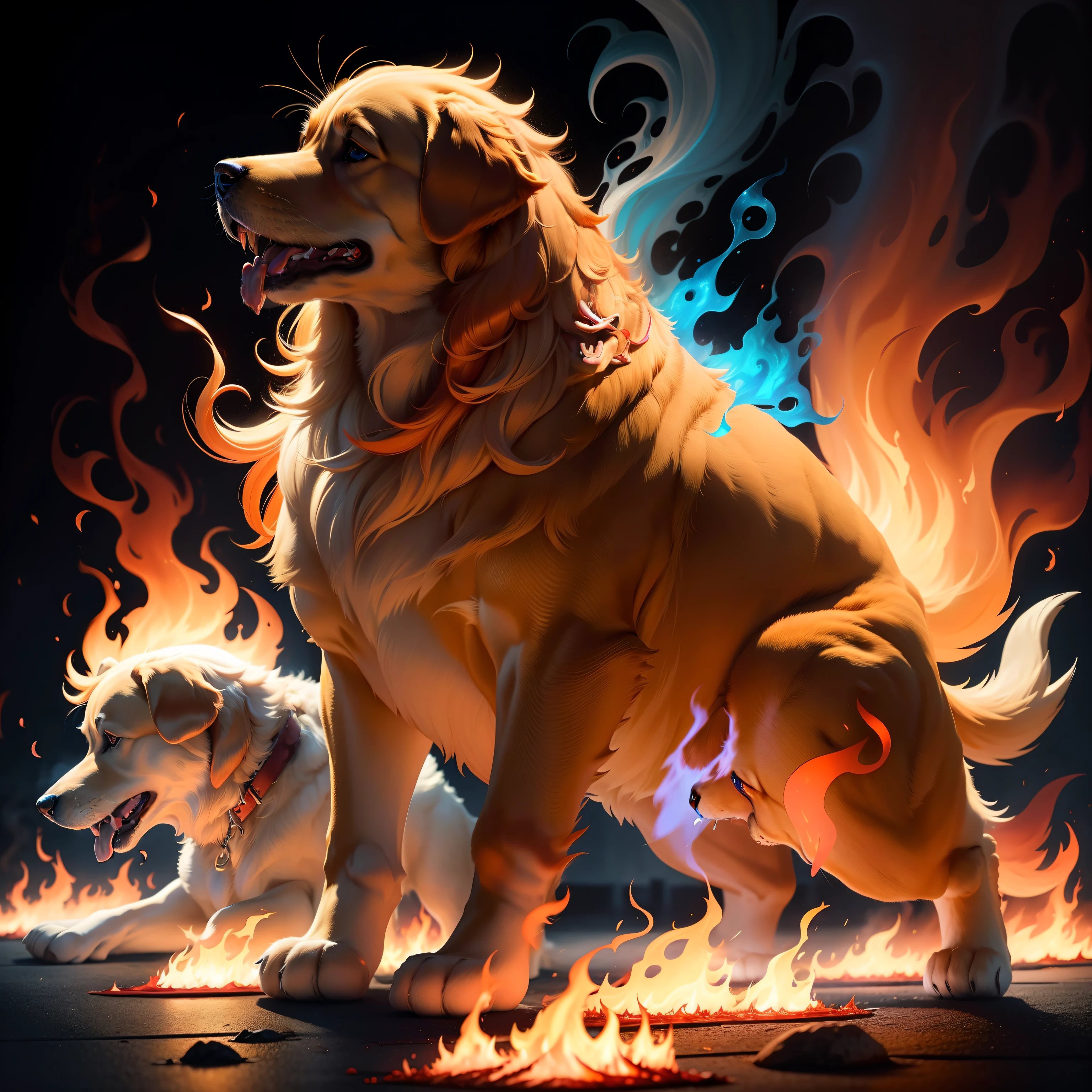 Golden Retriever Engulfed in Red Flames、Golden Retriever Engulfed in White Flames、Golden Retriever Engulfed in Blue Flames、