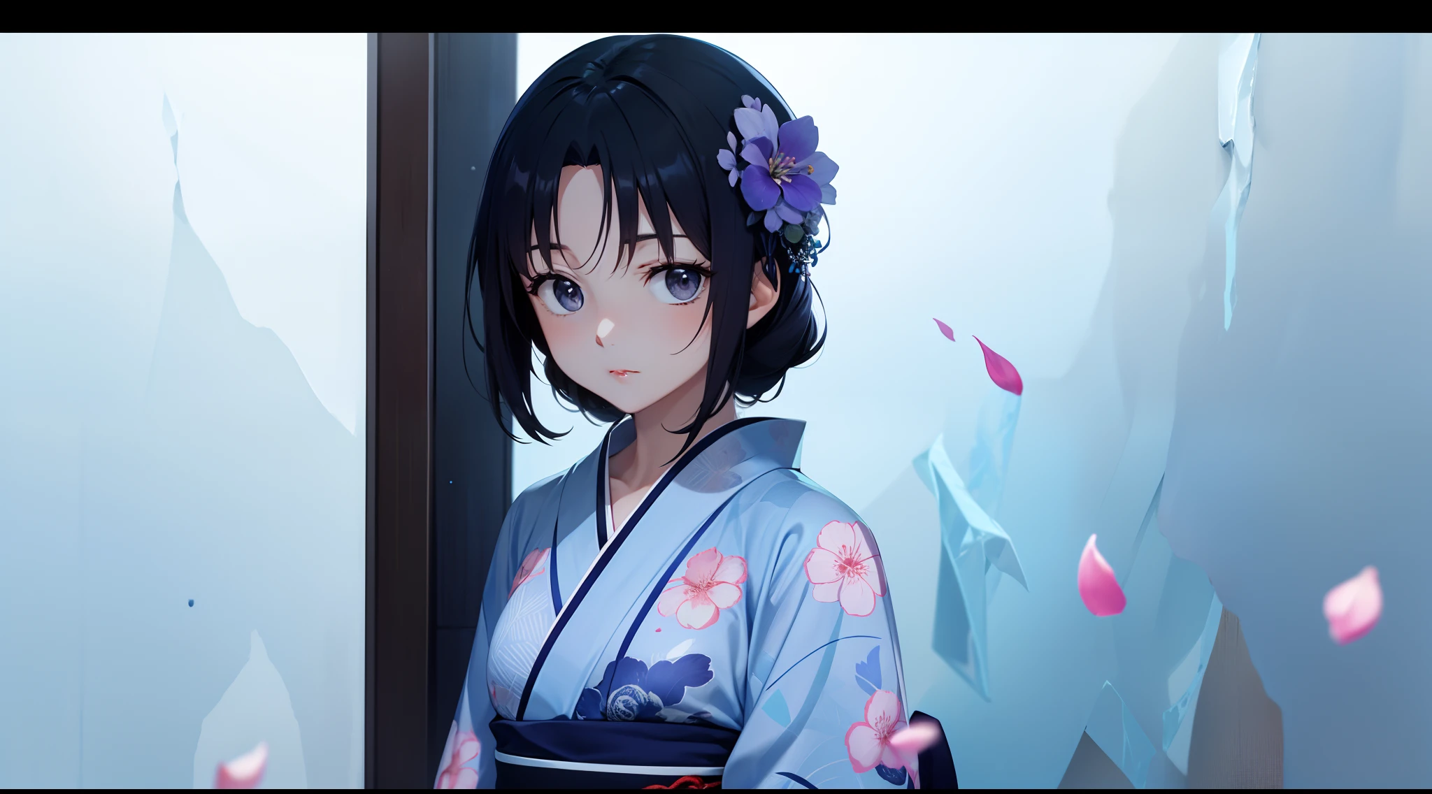 A single anime woman is looking at the camera, with black eyes and black tied up hair, wearing a navy blue flower petal printed yukata, is standing in front of a absolute icy blue background and is curiously looking at the camera with one of her eyebrow up in curiosity. This is a promotional picture. She is alone. SFW.