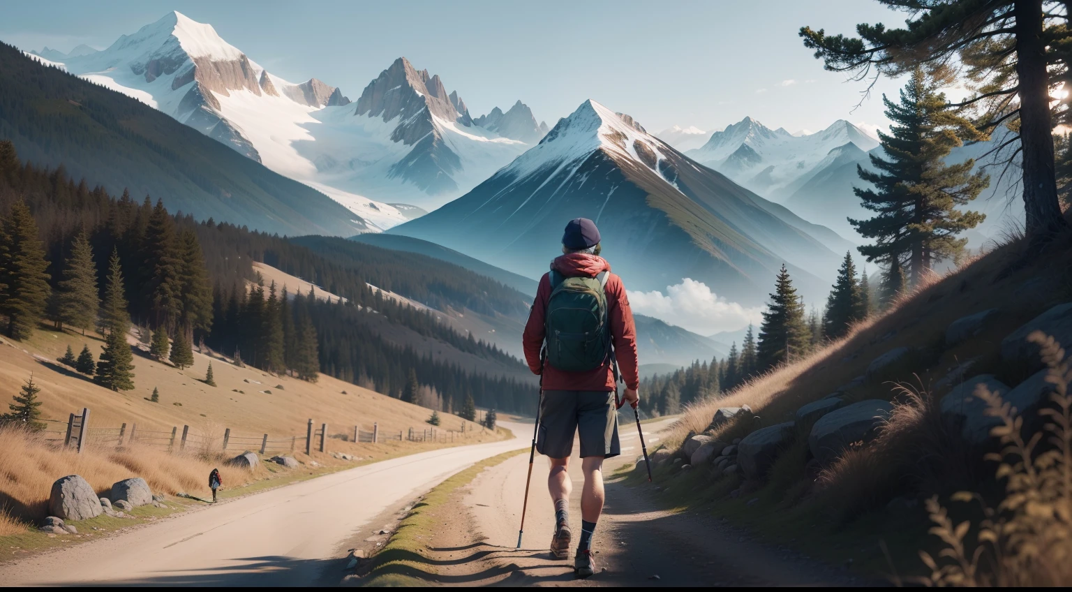 A man in hiking clothes with a backpack, with a staff in his hand, walking, looking into the camera, against the background of mountains, forest, country road