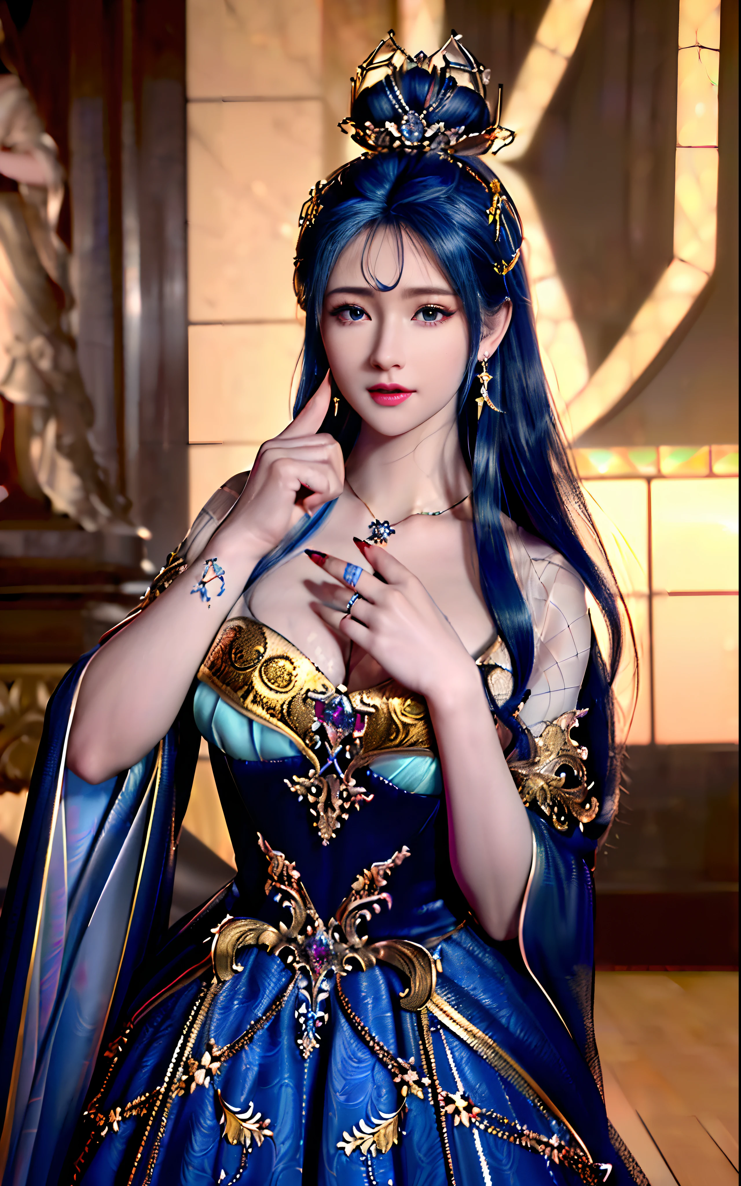 ((realisticity: 1.2)), ((realistic: 8K UHD)), ((best resolution: 8K UHD)), hyper detailed, best quality,masterpiece,highres,cg, ((1 girl hyper detailed and hyper realistic) ) , ((beautiful queen, hyper realistic and hyper detailed)),((white skin, beautiful, smooth, youthful, hyper realistic and hyper detailed )), ((Face hyper beautiful, white, hyper realistic and hyper detailed ) ), long hair, ((hyper realistic and hyper detailed dress)), solo, ((hyper realistic, hyper beautiful, beautiful and hyper detailed jewelry)), ((hyper beautiful deep red and golden yellow dress, hyper realistic and hyper detailed )) , ((Her pretty, hyper realistic, hyper detailed diamond filled earrings)), ((Her gorgeous diamond haircut, hyper realistic and hyper detailed)), ((hyper pretty upper body, hyper beautiful, hyper realistic and hyper detailed) ), ((medium breast: 1.1)), ((hyper realistic, hyper pretty, hyper detailed boobs)), ((the backgroun of the royal palace is hyper majestic, hyper realistic and hyper detailed)),((hands and palms hyper beautiful, hyper detailed, hyper realistic)), ((hyper detailed and hyper realistic fingers and fingernails)), ((hyper pretty fingernails, hyper vivid, hyper detailed, hyper realistic)), ((thumb, index finger, middle finger, ring finger, little finger hyper vivid, hyper pretty, hyper detailed, hyper realistic)),  
((hyper beautiful fingers, hyper detailed, and hyper realistic)), ((posture not too fat and not too thin, hyper realistic, hyper detail)), ((hyper pretty, hyper pretty, hyper realistic and hyper detailed hair bun)), ((hyper pretty , hyper realistic and hyper detailed blue hair)), candid, Photo, high resolution, 8k , bokeh,