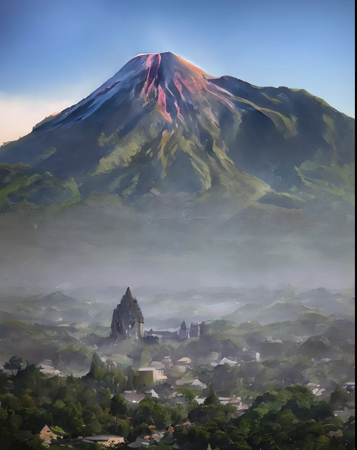 Golden hour arafed mountain with a small town below it and a town below, volcano setting, volcano in background, volcano in the background, indonesia national geographic, volcanoes in the background, volcano landscape, indonesia, with a volcano in the background, bali, mountain in the background, mountain in background, moutain in background, volcano, ancient indonesia, giant imposing mountain
