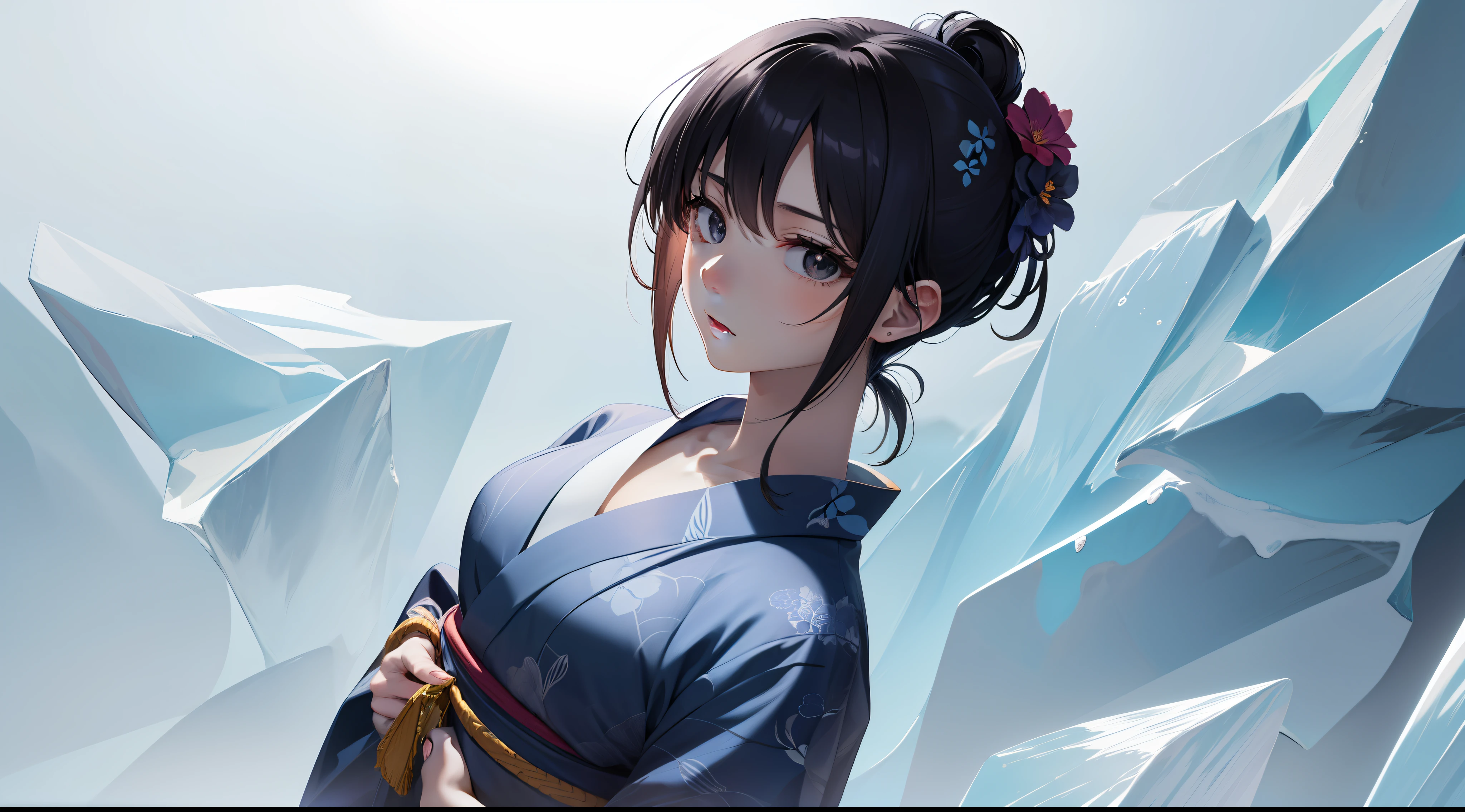 A single anime woman is looking at the camera, with black eyes and black tied up hair, wearing a navy blue flower petal printed yukata, is standing in front of a absolute icy blue background and is curiously looking at the camera with one of her eyebrow up in curiosity. This is a promotional picture. She is alone. SFW.