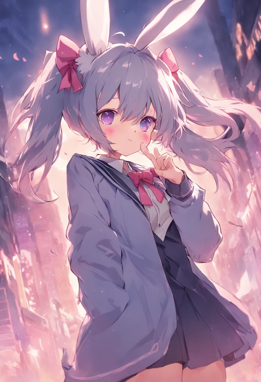 Anime girl with rabbit ears and bow tie, reisen udongein inaba, with index finger, With bunny ears, anime moe art style, with large rabbit ears, Rabbit ears, Mikudayo, with long floppy rabbit ears, Hajime Yatate, lolish, In an anime style, rem rezero, pixiv style