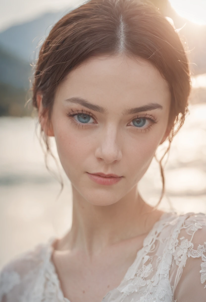 braid, hairpin, raised eyebrows, blush, Contemporary art, backlighting, partially underwater shot, character chart, first-person view, Eye-Level Shot, Sony FE GM, masterpiece, textured skin, 4K,Wear a white T-shirt and blue skinny jeans