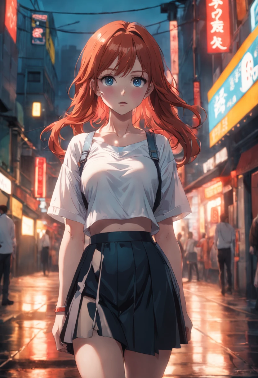 caucasian woman 40 years old, red hair, black skirt, white crop top, see through shirt, full body, knee socks, cleavage, Cinematic film still, analog style, RAW photo, hyper real photo, ultrarealistic uhd faces, 8k uhd, dslr, soft lighting, high quality, film grain, Fujifilm XT3, photographed on a Plaubel Makina W67 Camera, 50mm lens, F/2. 8, HDR, hyper-realistic, colorgraded, volumetric lighting, volumetric fog, moist, shallow depth of field, reflections, absurdres, fashion shot, psychedelic, Nintendo Game Boy Color palette, iso noise