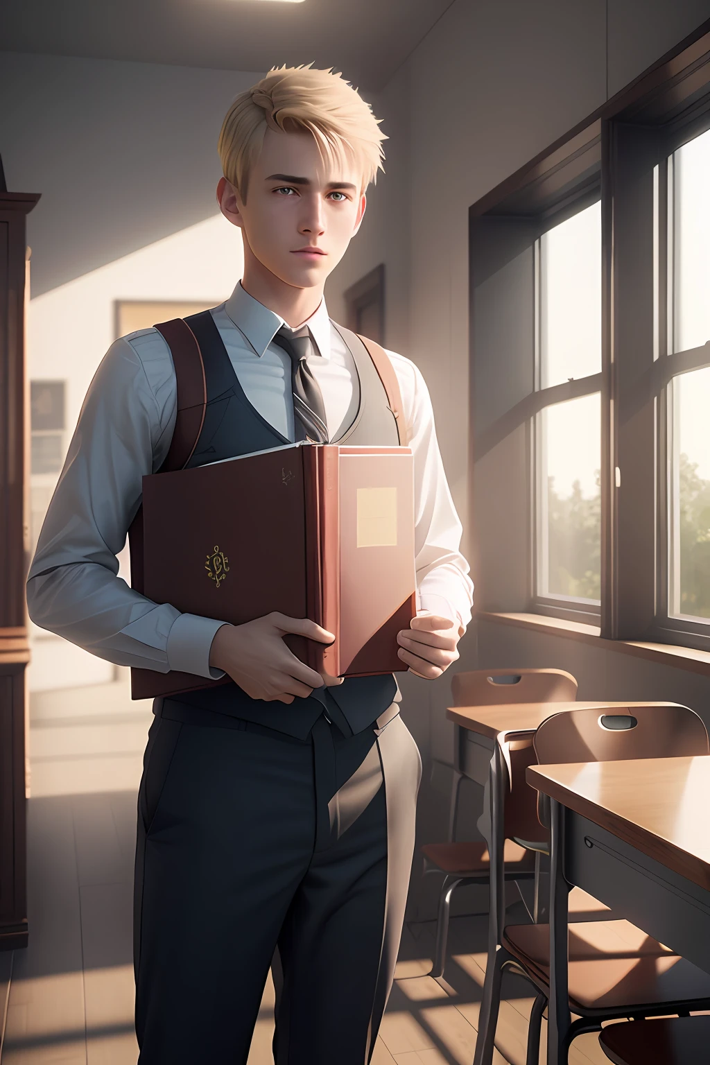 There is a man in the room with a book, realistic render, Hyper-realistic boy, cinematic realistic photo, realistic afternoon lighting, highly detailed character, detailed cinematic render, cinematic realistic portrait, Photorealistic cinematic render, detailed portrait shot, epic and classy portrait, realistic fantasy render, daily render