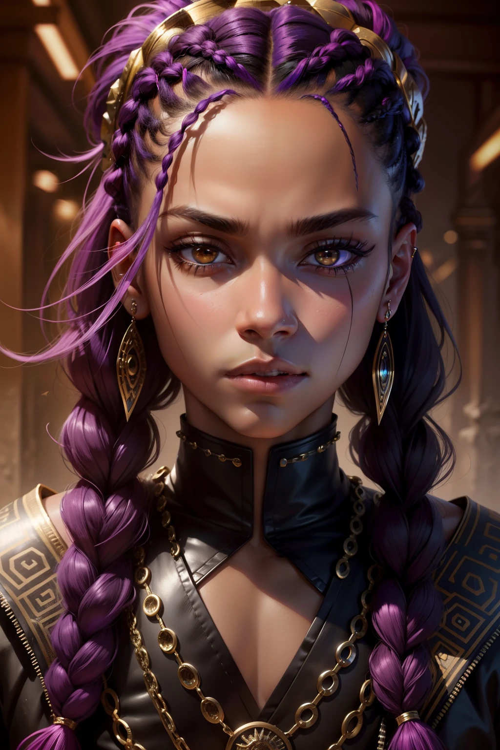 masculine forehead, cyper punk, 3 more piercings on right ear, masculine eyes, fuller lips, african skin tone, more masculine chest, more masculine jawline, there is a black androgynous man with braids on her head and tribal style plats on one side of his head, realistic purple aura shrouding him, digital age hyper realistic background, high quality portrait, portrait of ultra fantasy style realistic, portrait shot 8 k, sharp looking portrait, taken in the early 2120s, very high quality face, nft portrait, high quality face, crazy eyes, ultra detailed portrait, highly detailed vfx portrait, extremely high quality artwork, good looking face, short hair