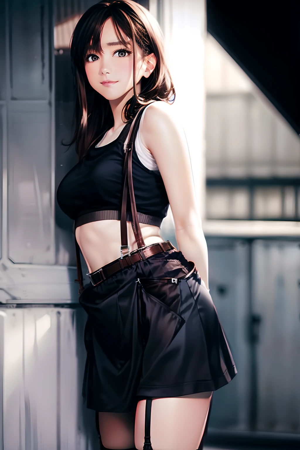 a black skirt, Tank Tops　suspenders, Brown hair short, Gray eyes, holster, Garter belt on the legs, moderate chest and tight clothes, both sides　　Behind　No Bra Belt