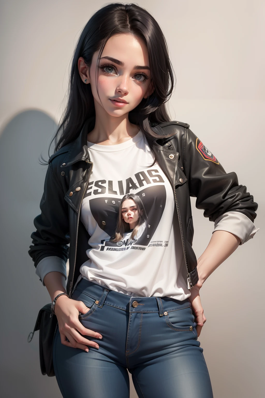 garota adolescente, norte-americana, pele branca, pale skinned, olhos azuis realistas, cabelo preto com fios azuis, vestindo uma jaqueta jeans dos anos 80, com uma camisa preta por dentro, black jeans pants, with your hands in your pockets, arte realista, fullhd, extremamente detalhado, realista, rosto detalhado, olhos detalhados, boca detalhada, sorriso no rosto detalhado, olhos azuis, olhos humanos, olhos normais, hands without deformities, humanlike hands, realistic hands, normal hands, estilo de roupa largo, skatista