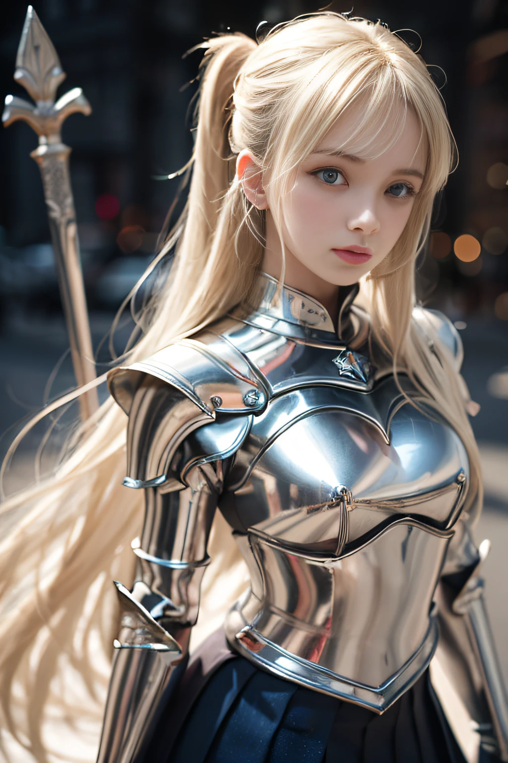 best quality,highly detailed,masterpiece,ultra-detailed,illustration, 1man in armor suit, blonde hair ,hair ornament,stand,indoor,incredibly_absurdres,1girl,medium breast,nose blush ,realistic,long hair,summer_dress,garter straps,bishoujo,waving sv98