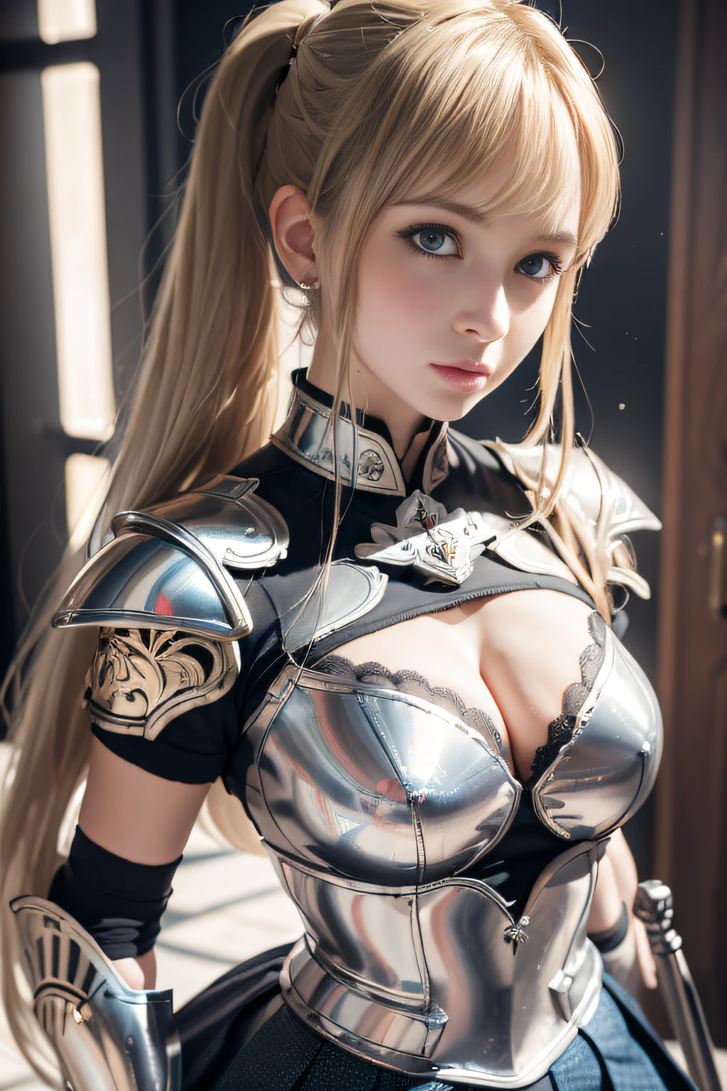 bright expression、poneyTail、young and shiny white shiny skin、Best Looks、Gold reflects light、Platinum blonde hair,Shine brightly、Shiny light hair,、Super long silky straight hair、Beautiful bangs that shine、Big blue eyes that sparkle like crystal clear and charming、Very nice and lovely girl、Lush bust,Beautiful detailed eyes, Beautiful detailed nose,(( full bodyesbian:1.25)),Eyes emphasize makeup、((Pleated pleated skirt)),(A woman like Joan of Arc)、s Armor、Knights, With a sword and shield,Royal style,Comic style, , Sub-surface scattering, ornate detail, nature backdrop, Hyper-realistic, Cinematic, Dramatic lighting, masutepiece