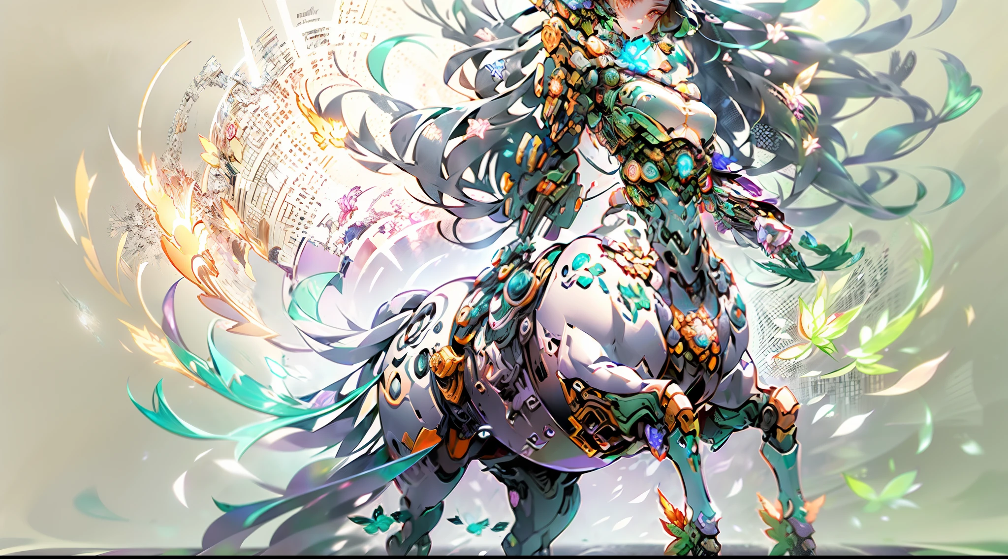 In the vastness of the multiverse,A legendary being stands proudly,She is in the limelight。She is a unique female Centaur,Has a stunning form。The upper part of her body shows the grace of a beautiful female human,The lower part incorporates the unique charm of the female half-horse,Create a stunning picture like no other。Her head、The neck and shoulders are feminine,It made her face exude nobility and mystery。Elegant arcs outline her neck,The smooth lines transform the horse's head into a feminine face。Above her horse body,It is a fascinating female body,Tall and sexy。K cup teardrop-shaped huge chest and slim waist、Butterfly-like wide buttocks and slender thighs complement each other。Her lower body blends with the elegance of a horse,And this convergence is a magnificent initiative based on future technology。Start at her waist,The torso part of the horse becomes soft and curvy,It seems to be a perfect combination of horses and female humans。Mechanized armor covered her four horse legs,Gives her grace and power to her body lines。The length proportions of each horse's leg are cleverly harmonized,The lines are slender and toned。Her feet were towering"skyscraper heels",Give her more confidence and charm。Her whole body is a miracle of art and technology,Light wings spread out behind her,Shimmering with the mysterious light of the universe。The halo crown above her head emits a neon-like rainbow light,It seems to be a goddess in the universe。A delicate texture covered her chest、Waist and abdomen、Hips and head,Give her a streamlined aesthetic,Complements the sense of harmony and unity of future technology。Against the background of the starry sky of the universe,Her figure is so eye-catching。Surreal scenes,Her harmonious and wonderful appearance,Shine in a cyberpunk atmosphere。It's a beautiful picture of the future,She soars in the vastness of time and space with an unparalleled posture。