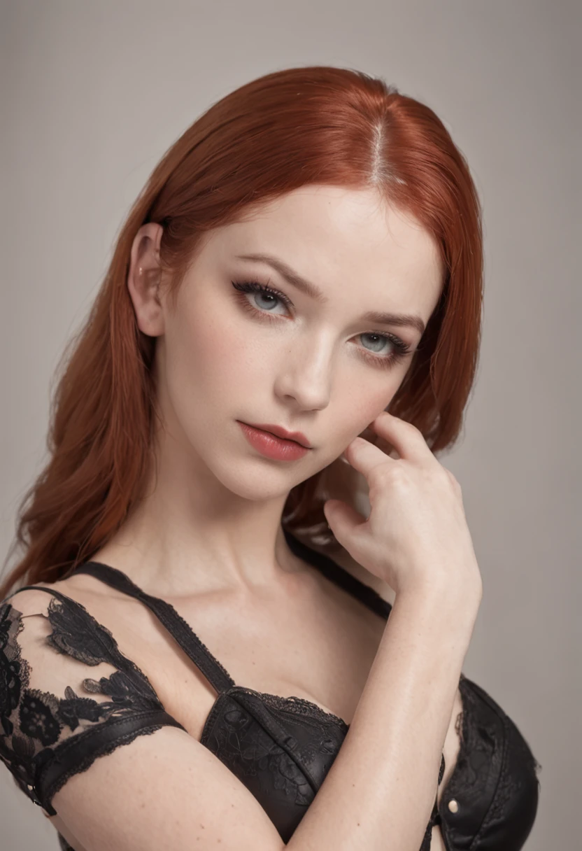 Extremely hot red-haired dominatrix with medium-sized breasts in sexy leather lingerie (Schwarzes Paar:1.2+Muscular black+Umarmte:1.1+Schwarze:1.2+Kontakt:1.1+Greifen an der Taille:1.1) Realismus, Maximale Details, full entire body, Fotografie