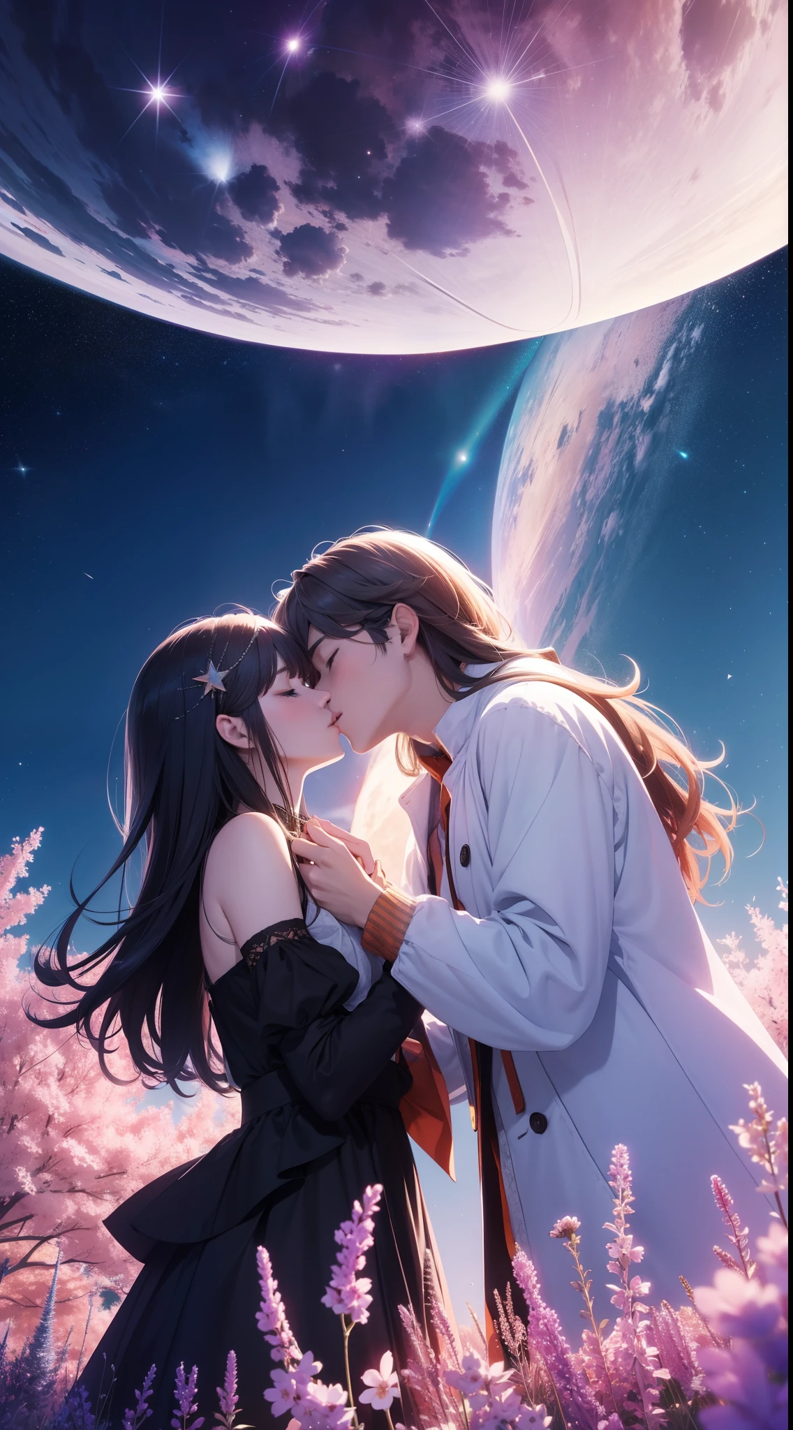 Expansive photos，（look from down，Above is the sky，Below are open fields），[(man and woman)+(Kiss in the wind)]，（moon full：0.9），（Starcloud：1.1），Far Mountain, The tree，（Warm light source：1.2），Lots of purple and orange，detail-rich，plethora of colors，dream magical，magical