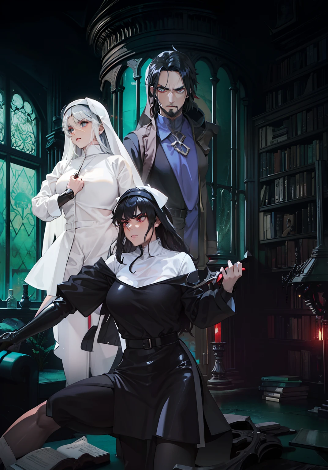 Necromancer: young male with black skin, black coat, serious goatee holding a large axe along with two beautiful nuns wearing latex;