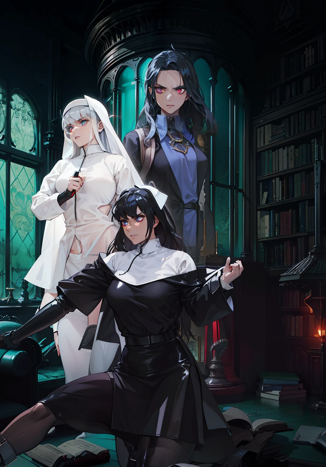 Necromancer: young male with black skin, black coat, serious goatee holding a large axe along with two beautiful nuns wearing latex;