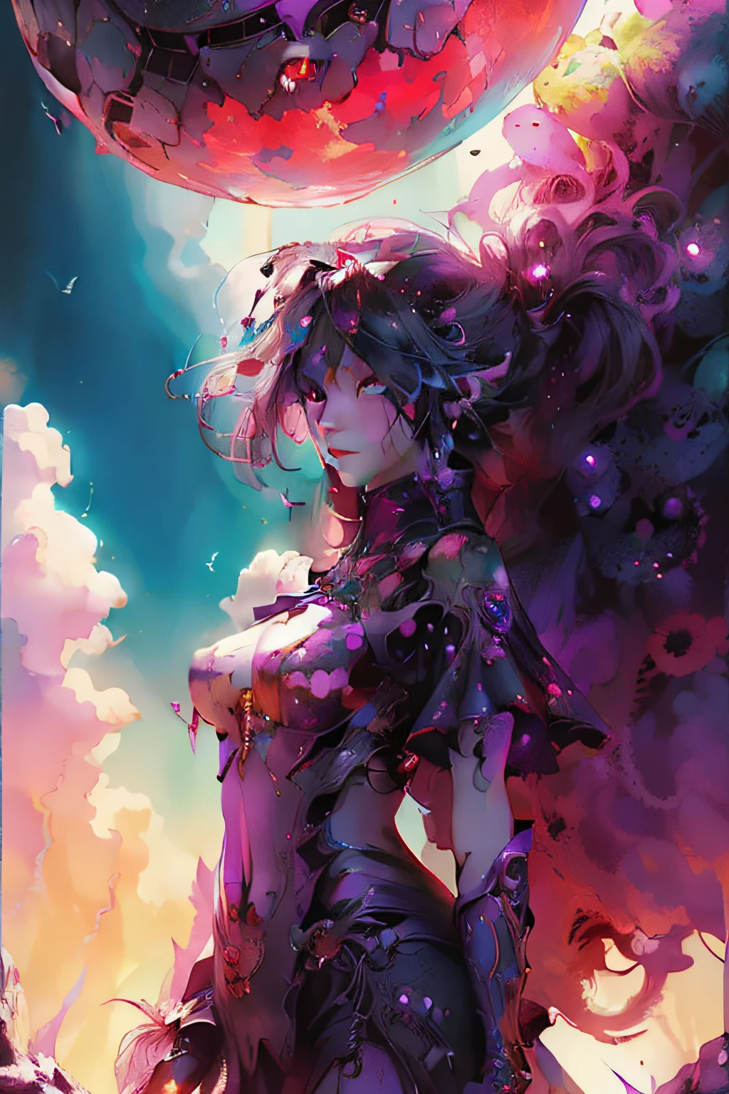 psychedelic, Horror, Bloody, Scary, Spooky, Fantasy space, Multiple planets, Fantasy Galaxy, 1girl in, full body Esbian, Portrait, Beautiful, Rainbow Light, Magical, High quality, Neat face、nice nose,Nice mouth,sea of clouds、the morning sun、Red and yellow、Splash Art、Lightning,[(Art by Android Jones:1.2)]、ultra-detailliert、Beautifully Aesthetic、​masterpiece、top-quality、ighly detailed、Most Beautiful Form of Chaos、elegent、vivd colour、barroco、Complex pattern、dynamic ungle
