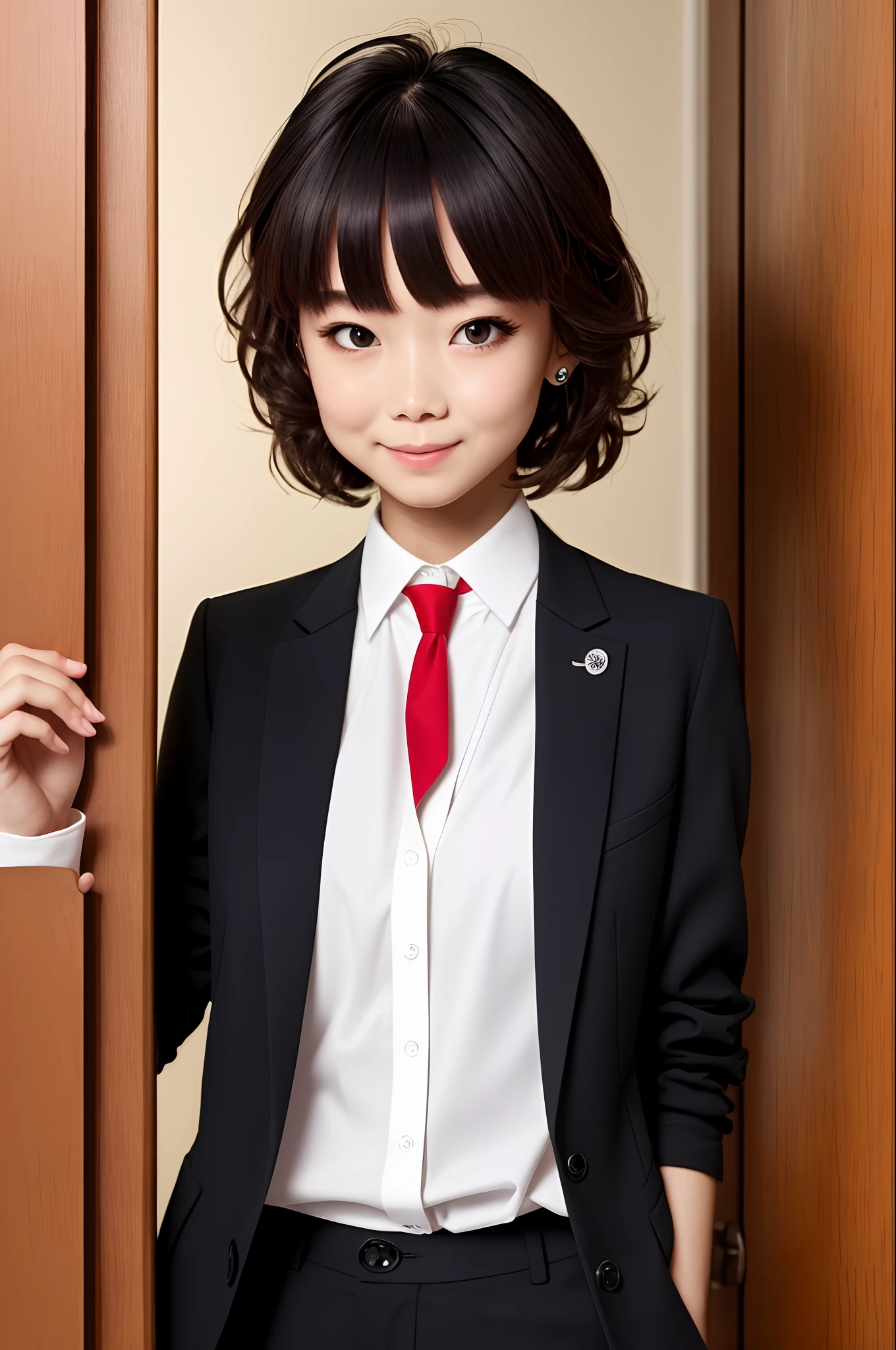 masterpiece, best quality, ultra-detailed, illustration, epic lighting, cinematic composition, isometric, 1girl, solo, cute, brown eyes, black hair, swept bangs, single sidelock, red hairclip, white collared shirt, black necktie, black pants, formal, enchanting gaze, captivating pose, indoors, office, door, opening door, looking at viewer, peeking out upper body, blush, seductive smile, closed mouth,(8k:1.1),