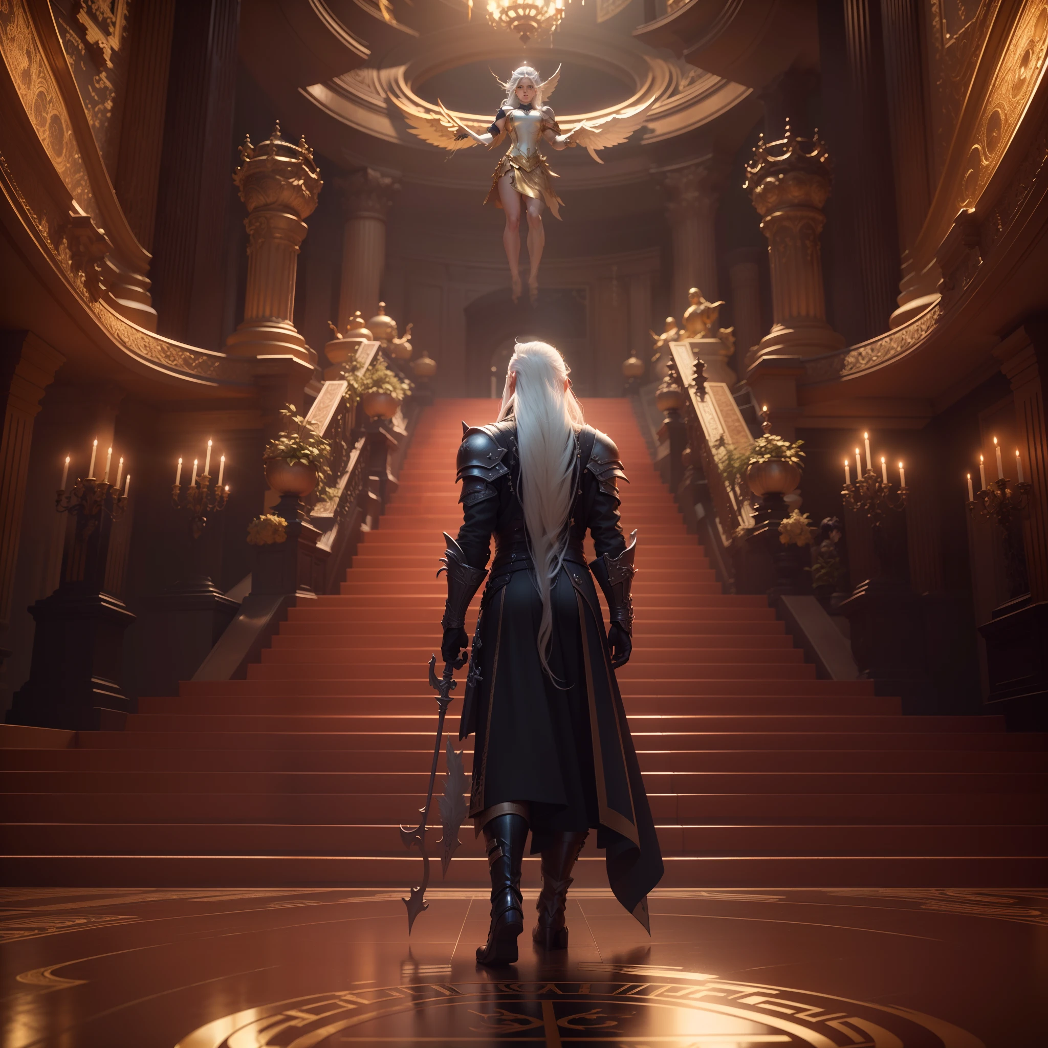 "tema de fantasia, (((cinemactic))), ((ultra detalhado cg)), (impeccable), (gorgeous), (epic), Sephiroth calmly descending the golden stairs of the heavenly hall, penas escuras flutuando, olhos cute de vinho luminosos, (((rtx))), (octane render), extremely reflective floor, Challenging Expression, (top trending no artstation)"