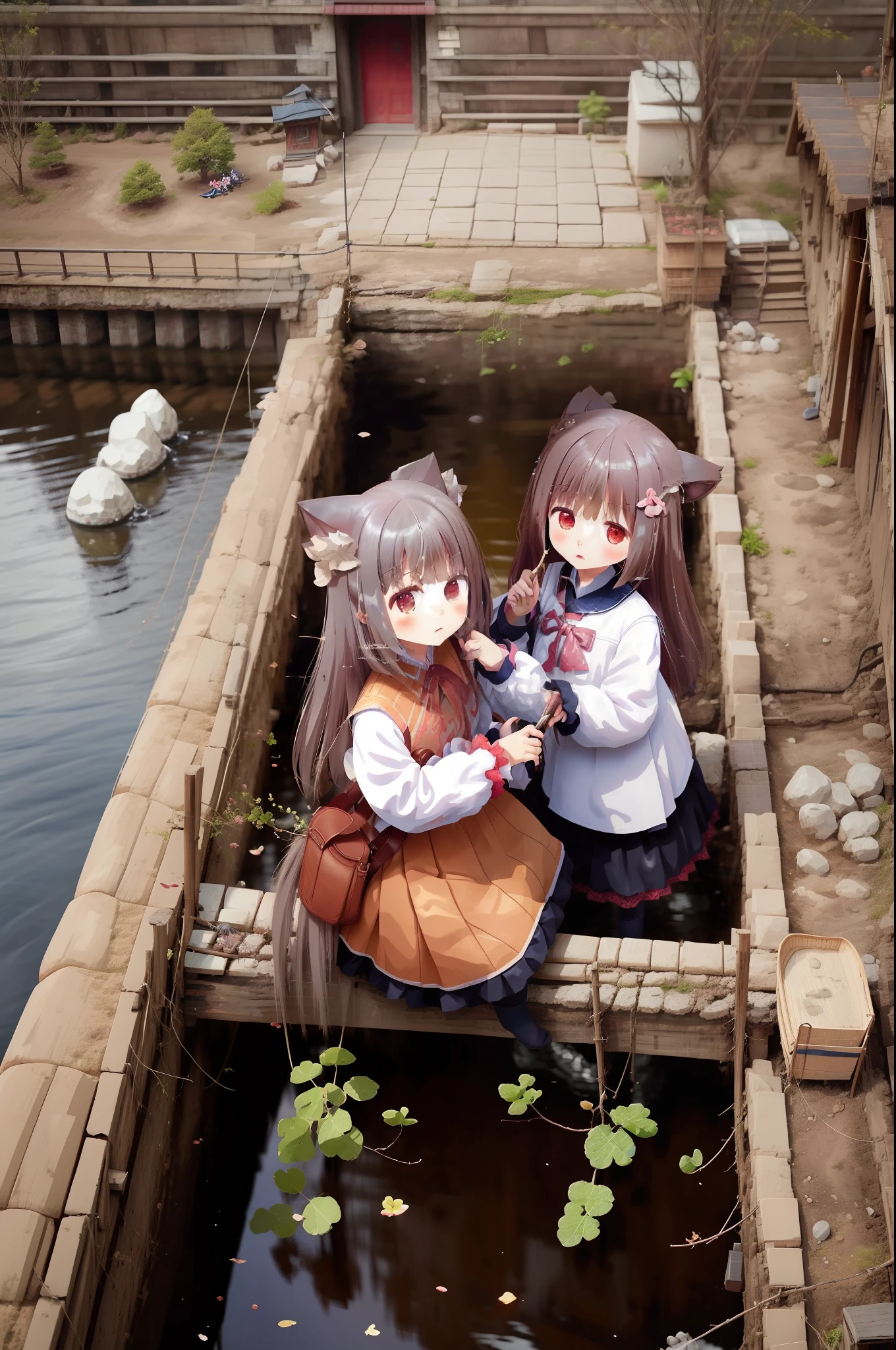 Top-down angle shooting，Chinese mythology，Cowherd and Weaver Girl，small bridge flowing water，The cowherd and the weaver girl meet on the bridge