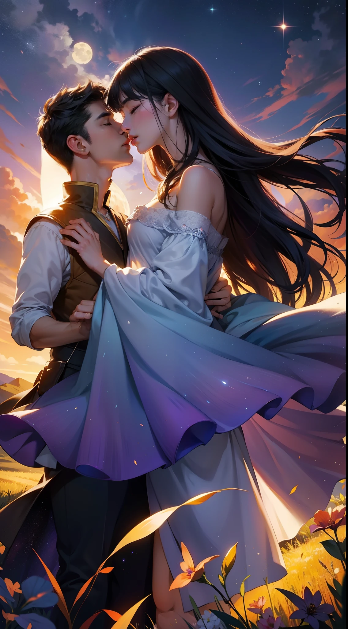 Expansive photos，（look from down，Above is the sky，Below are open fields），[(man and woman)+(Kiss in the wind)]，（moon full：0.9），（Starcloud：1.1），Far Mountain, The tree，（Warm light source：1.2），Lots of purple and orange，detail-rich，plethora of colors，dream magical，magical