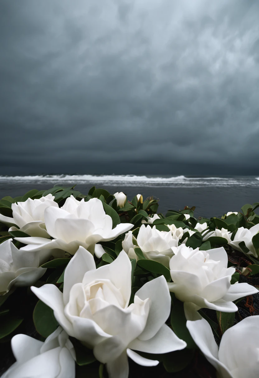 A small bunch of white gardenias floating on the sea,Dark and gloomy weather,Rain hit the sea