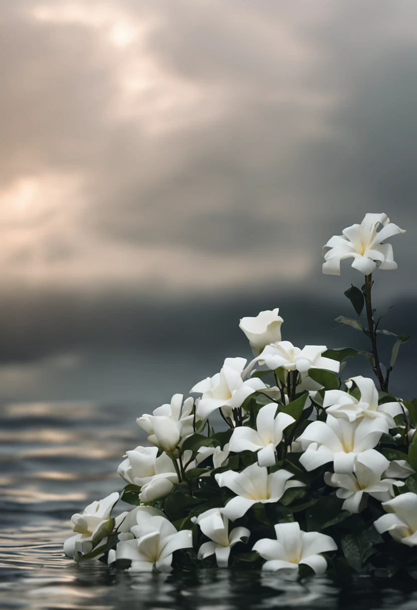 A small bunch of white gardenias floating on the sea，Dark and gloomy weather，Rain hit the sea