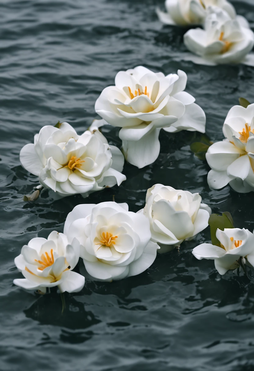 A small bunch of white gardenias floating on the sea，Dark and gloomy weather，Rain hit the sea