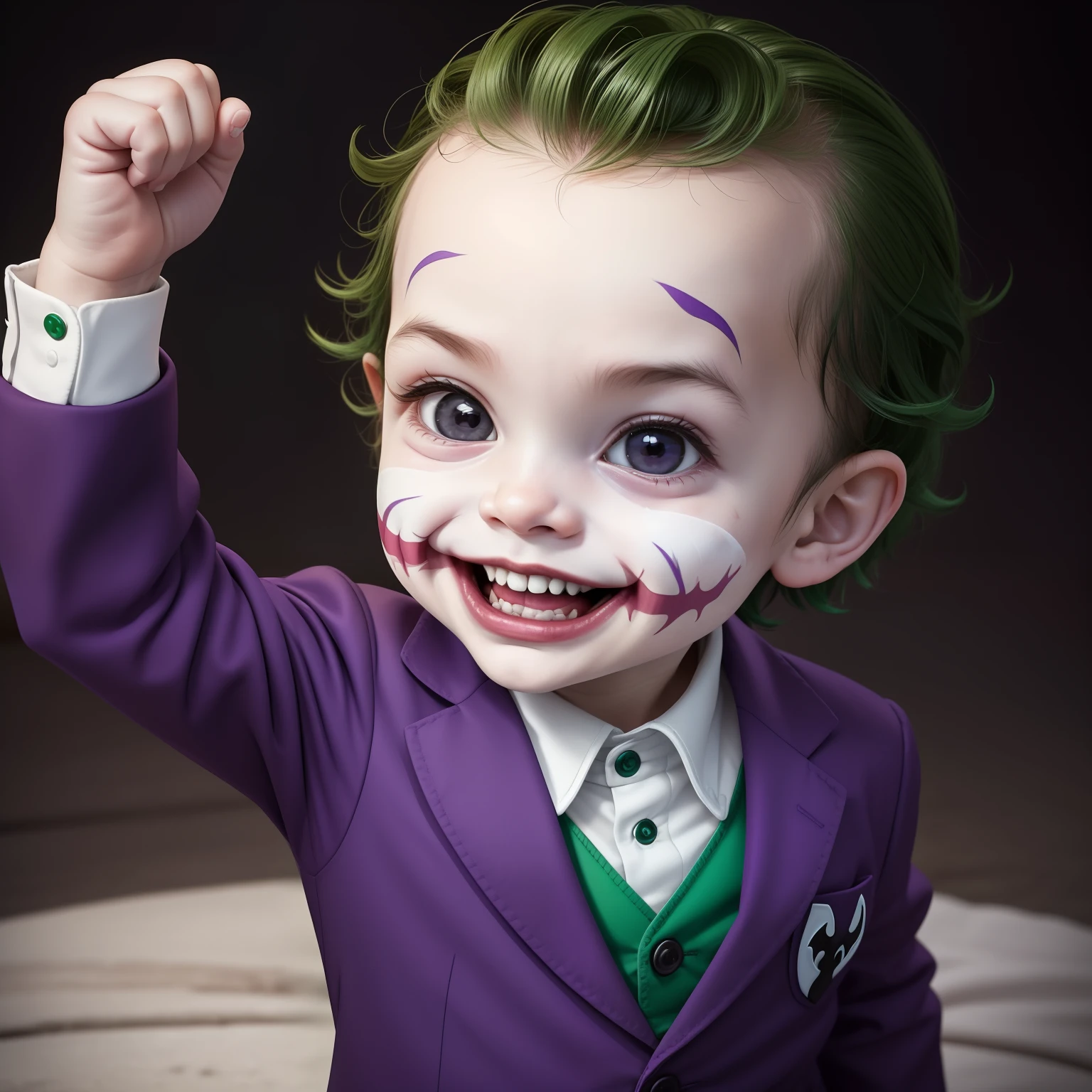 Create an image depicting a  version of the Joker, capturing his mischievous and playful nature. Depict the babyer in a whimsical and quirky pose, showcasing his small yet distinctive personality. Dress the baby Jokn a tiny version of his iconic outfit, complete with a miniature purple suit and a mischievous grin. Use a playful and vibrant art style to emphasize the baby Joker'sque qualities and his potential for unconventional antics. Incorporate elements of curiosity and unpredictability that are characteristic of babies. Utilize a color palette that reflects the Joker's signature purple and green while maintaining a sense of humor. The camera angle should highlight the baby Joker's expions and his playful interactions with his surroundings. Opt for a wide-angle lens to capture the delightful details of the baby Joker's appeara Render the image in high resolution to convey the adorable contrast of a pint-sized trickster.