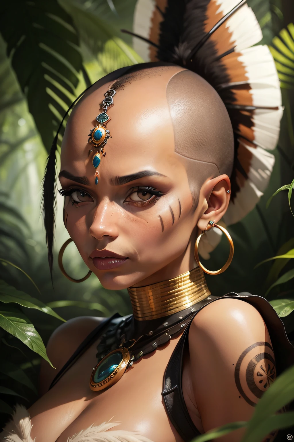 mulher careca , olhos grandes, indigenous with antennae on the head protruding from the eyeshadows, rings on the ears, Amazon Forest