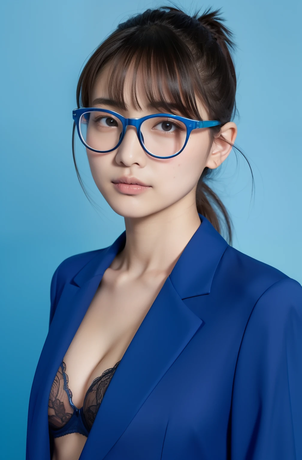japanes、a beauty girl、18year old、femele、Hair tied back、Straight-down bangs、No makeup、light skinned、Solid blue background、Stand straight、ID photo、Wearing glasses、directly in front、Bra visible from jacket、Look straight at the camera、abdominals