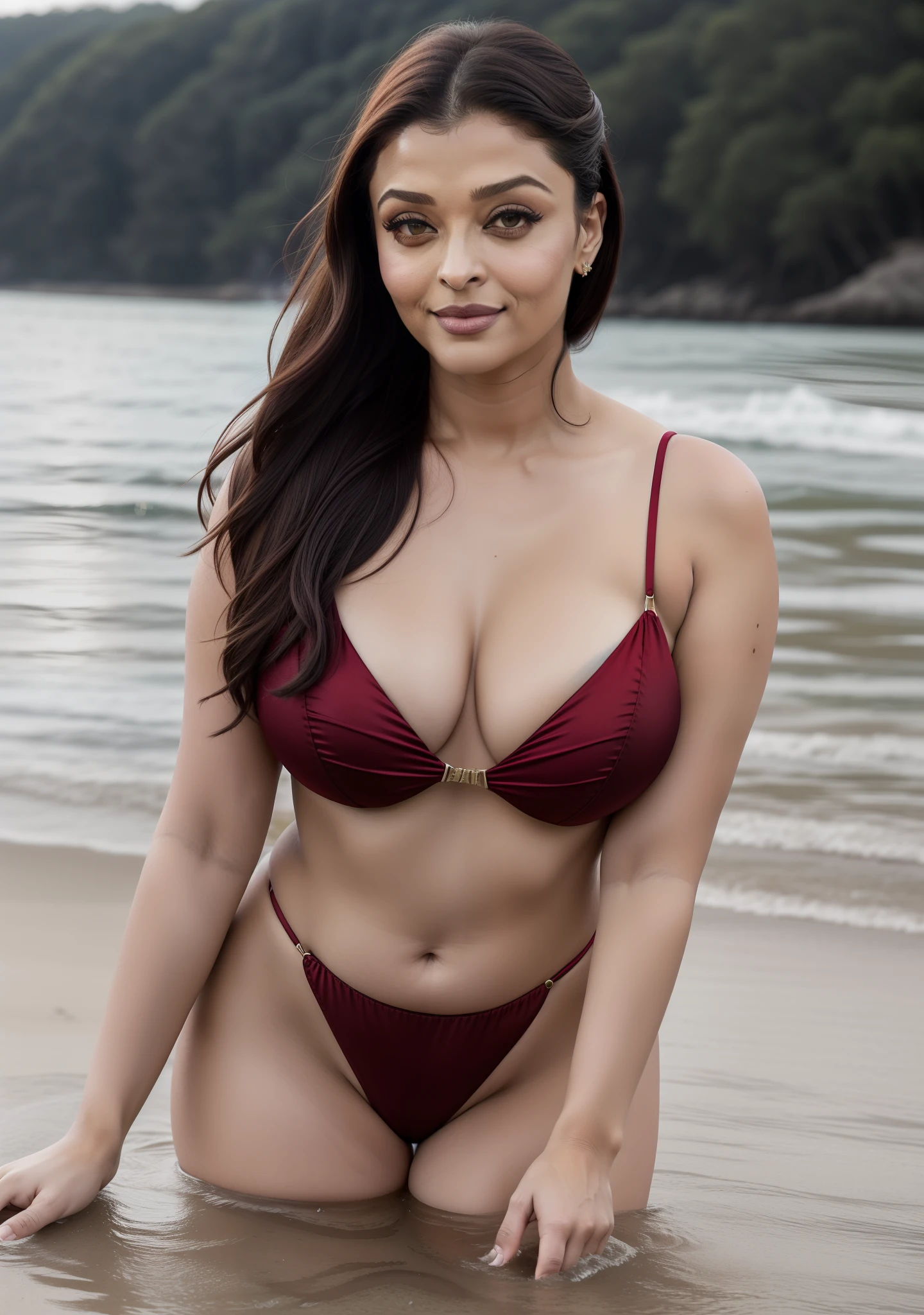 Aishwarya Rai as international model, 42 yo curvy milf, full body head to toe photo, shinny red satin micro mini bikini, thigh high boots, bare breasts almost out, curvy milf figure, big breasts, high ponytail hair, posing outdoors in beach, bright sunny day, hourglass figure, big breasts, seductive face, look at camera and smile, erotic adult face, intricate details, (ArtStation:1.2)