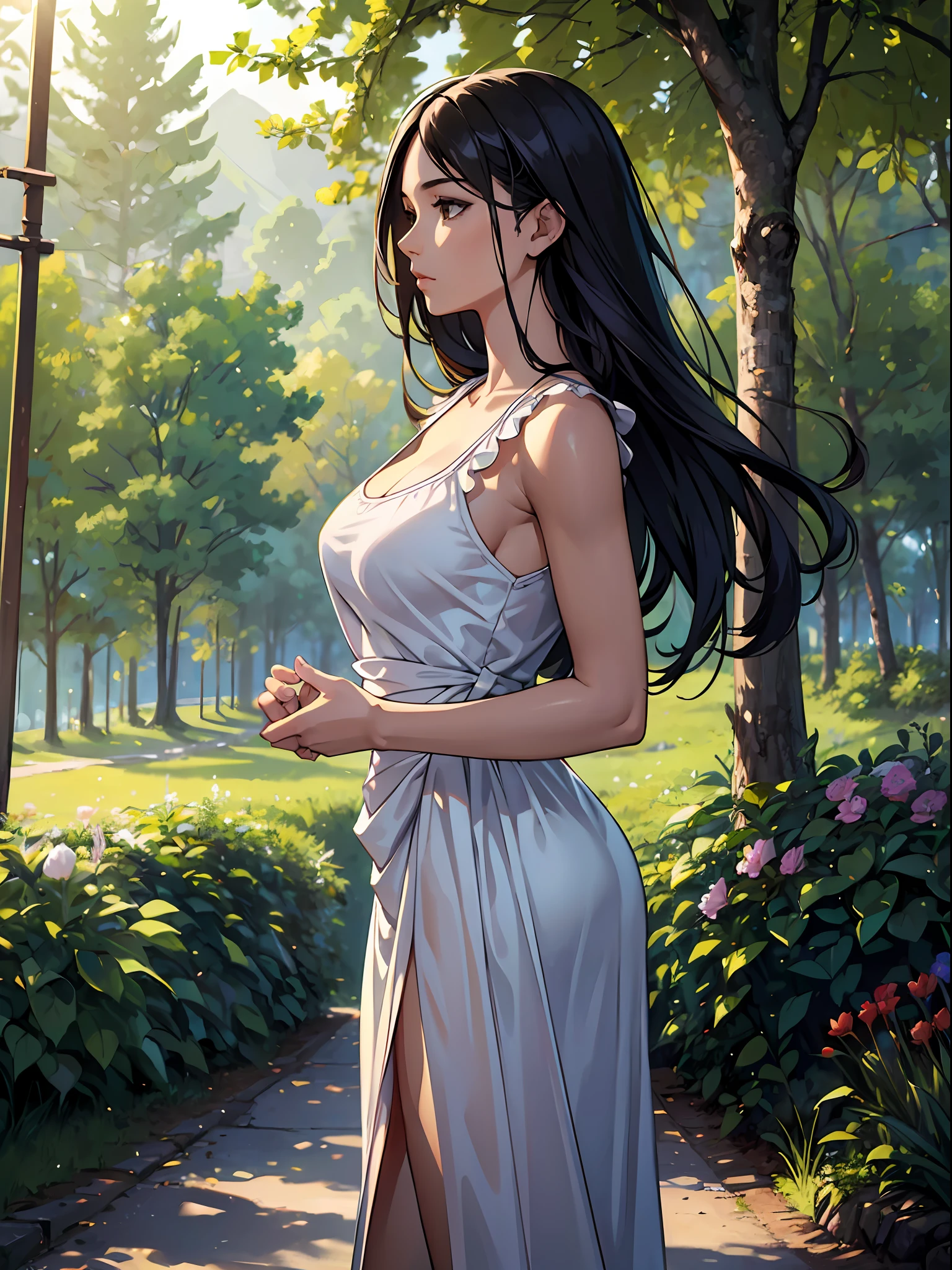 (masterpiece)), ((best quality)), (ultra-detailed), extremely delicate and beautiful, clearly drawn face, highres, marvelous illustration, beautiful art, artistic, realistic, ((unity 8k wallpaper)), beautiful, ((ultra high resolution)), good composition, good art, scenery, detailed skin, (oily skin), glossy skin, fine skin, long hair, (beautiful hair), a young woman wearing a yellow summer top standing near some trees, with blurred trees in the background, 1girl, solo, blurry, long hair, realistic