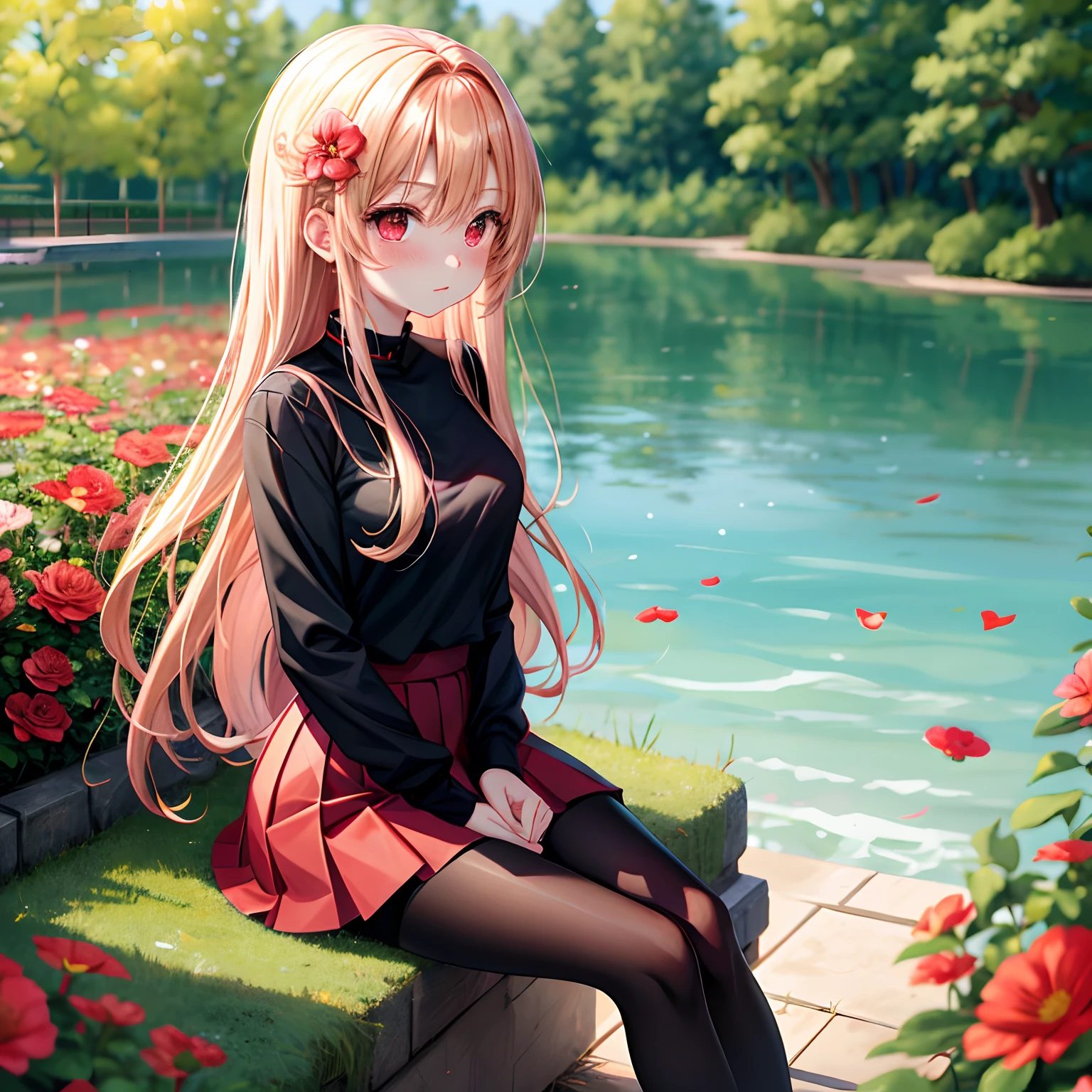 red blush、blonde hair、red eyes、Beautiful girl alone、animesque、独奏、a miniskirt、Black tights、flower field、lonely、sitting on
