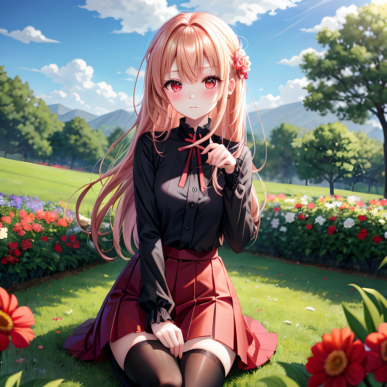 red blush、blonde  hair、red eyes、Beautiful girl alone、animesque、独奏、a miniskirt、Black tights、flower  field、lonely、sitting on