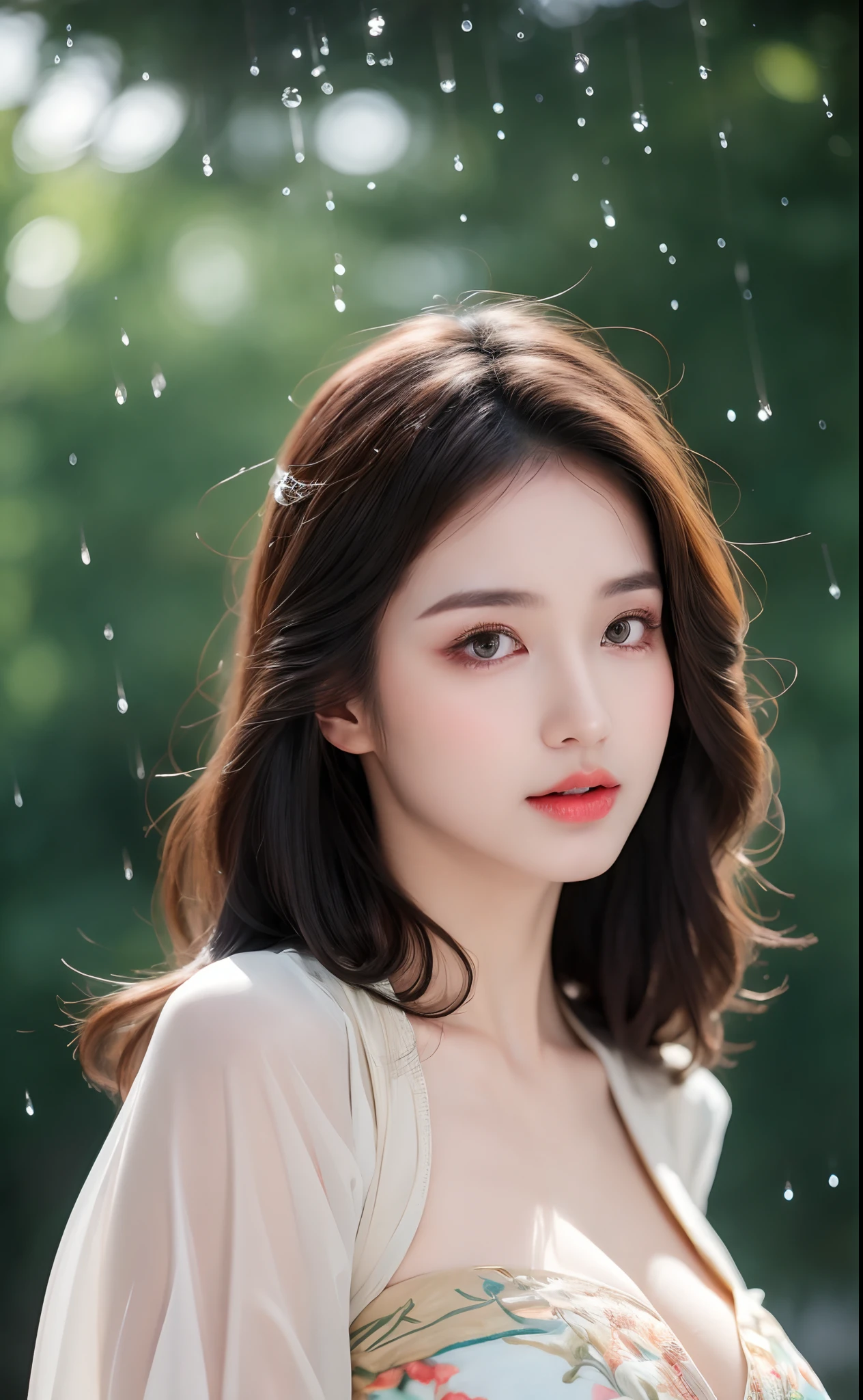 ((Best Quality, 8k, Masterpiece: 1.3)), Focus: 1.2, Perfect Body Beauty: 1.4, Buttocks: 1.2, ((Layered Haircut)), (Wet Clothes: 1.1), (Rain, Street:1.3), (Breasts: 1.2), (Hanfu: 1.2), Bare Shoulders, Bare Legs, Highly Detailed Face and Skin Texture, Fine Eyes, Double Eyelids, Whitened Skin, Long Hair, (Shut Up: 1.5), (Bokeh Background: 1.5), Big Breasts