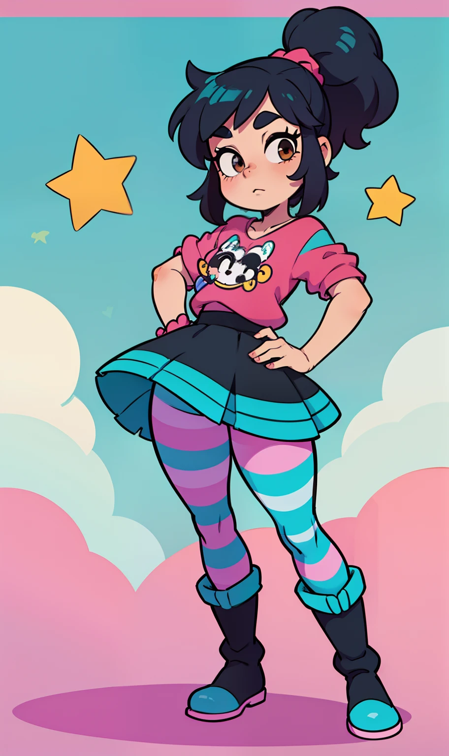 Pixar artstyle, disney artstyle, masterpiece, high quality, vanellope von schweetz, black hair, pink scrunchy, ponytail, candy in hair, cute brown eyes, adult, woman, beautiful legs, curvaceous hips, aqua-colored sweatshirt, skirt, aqua-colored striped pantyhose, black boots