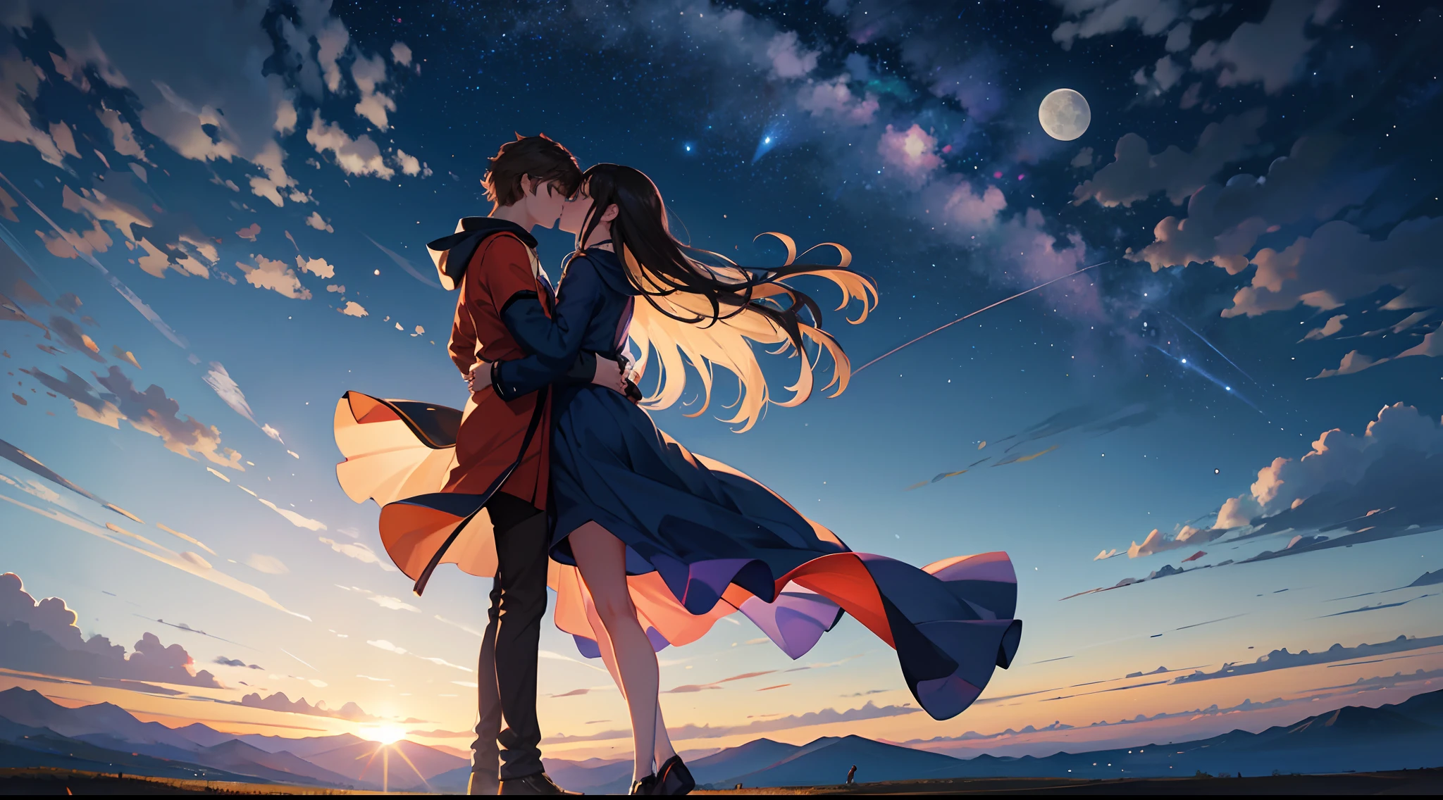 Expansive photos，（look from down，Above is the sky，Below are open fields），[(man and woman)+(Kiss in the wind)]，（moon full：0.9），（Starcloud：1.1），Far Mountain, The tree，（Warm light source：1.2），Lots of purple and orange，detail-rich，plethora of colors，dream magical，magical --auto