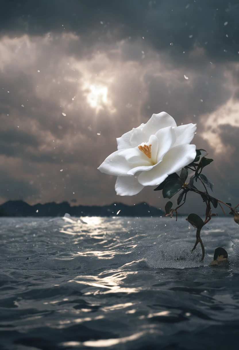 White gardenia floating on the sea,Broken petals are scattered on the sea,Rain hit the sea,Dark and gloomy sky