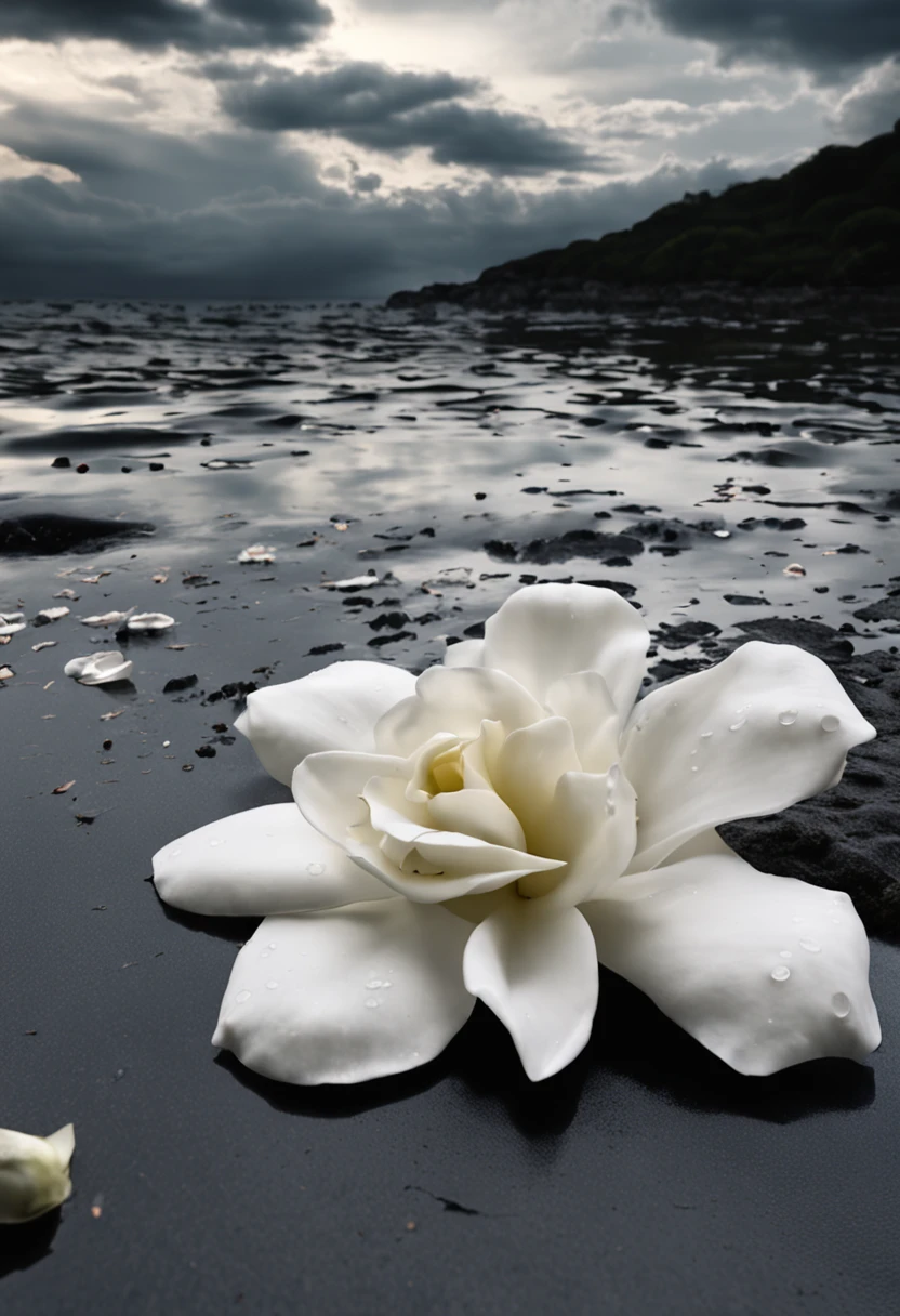 White gardenia floating on the sea,Broken petals are scattered on the sea,Rain hit the sea,Dark and gloomy sky