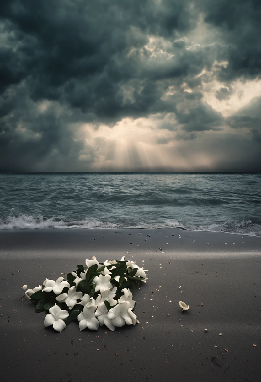 White gardenia floating on the sea,Broken petals are scattered on the sea,Rain hit the sea,Dark and gloomy sky