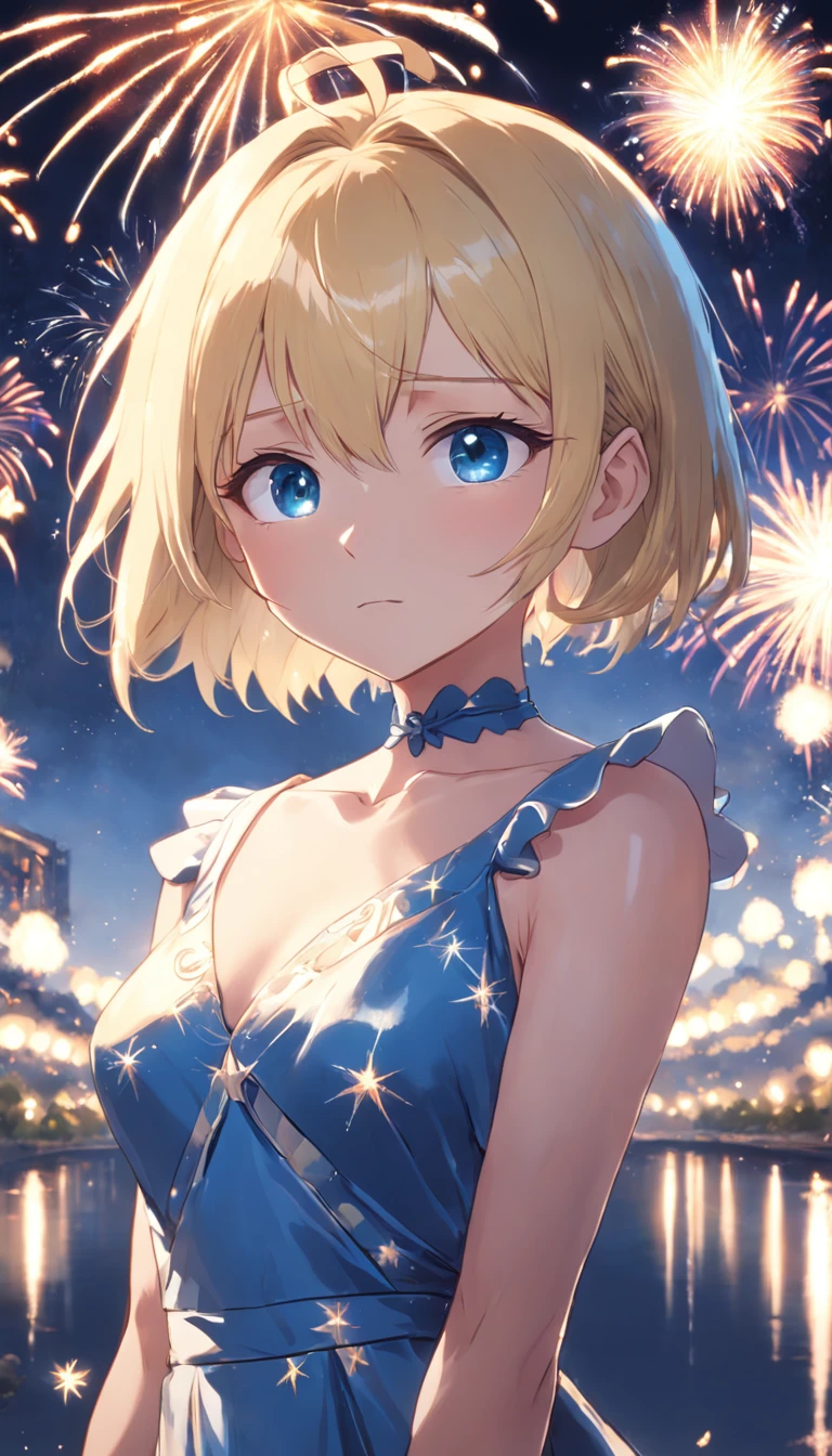 1woman,evening dress,night English garden,blue and yellow firework,watch firework,(Reflected light from fireworks),blonde hair,blue_eyes,(glad face),short bob,