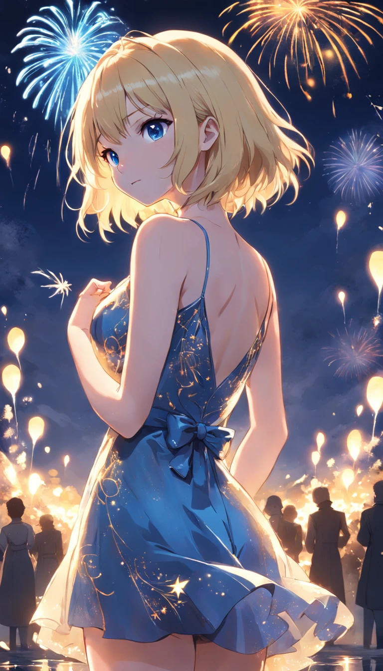 1woman,evening dress,night English garden,blue and yellow firework,watch firework,(Reflected light from fireworks),blonde hair,blue_eyes,(glad face),short bob,