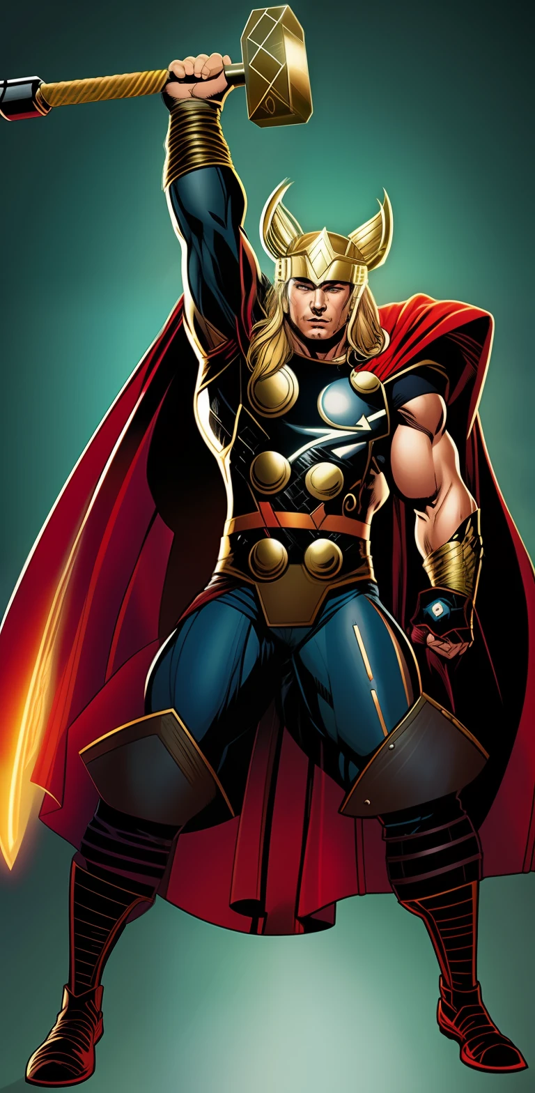 Um close up de um desenho animado de um Thor com um martelo, Asgardiano, the god of thunder, Thor Preto, god of thunder, THOR, Mjolnir, Asgard, mickey mouse is thor, gate, da Marvel, Donald Trump como Thor, personagem de quadrinhos, segurando Mjolnir, Personagens dos quadrinhos da Marvel, Design de personagens de quadrinhos dos anos 90