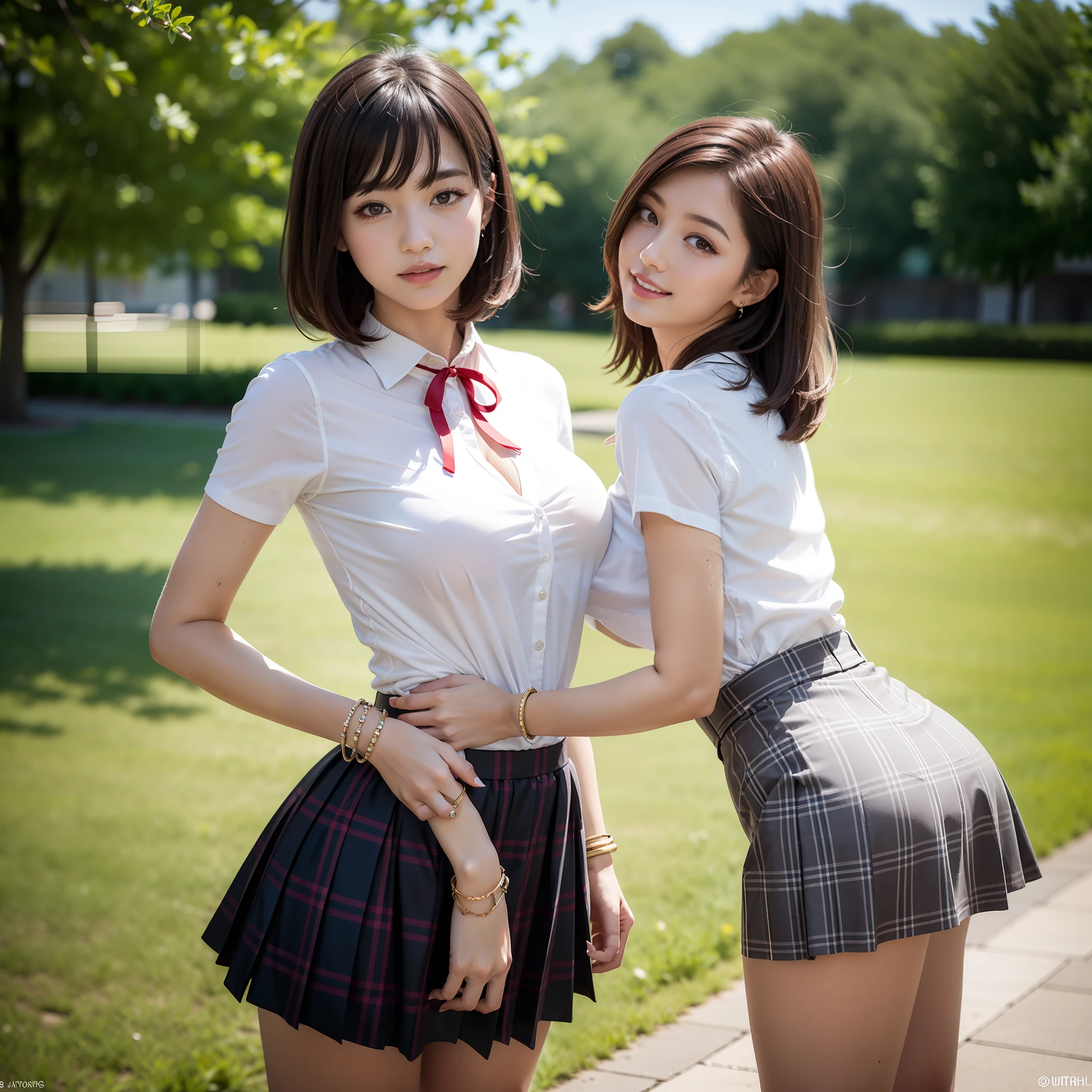 nsfw, 8K raw photo, Best quality, masterpiece, ultra high res, film grain, filmg, 1girl, looking at viewer, natural skin texture, realistic eye and face details, full lips, lipstick, (makeup), red eyeshadow, fluffy short hair, messy hair, smile, close mouth, beautiful legs, tall female, skinny, slim_legs, solo, enormous breast, cleavage, Pose with buttocks facing you, ultra short skirt, ass, shirt, beautiful nature location, around flower location, (detailed background), plaid skirt, white shirt, enormous breast, cleavage, Show a little cleavage through the shirt, loafers, blurry background, blurry, holding, plaid, short sleeves, jk ribbon on the neck, jk ribbon, brown hair, bracelet, water, bangs, school uniform, jewelry, parted lips, lips, from side, pleated skirt, depth of field