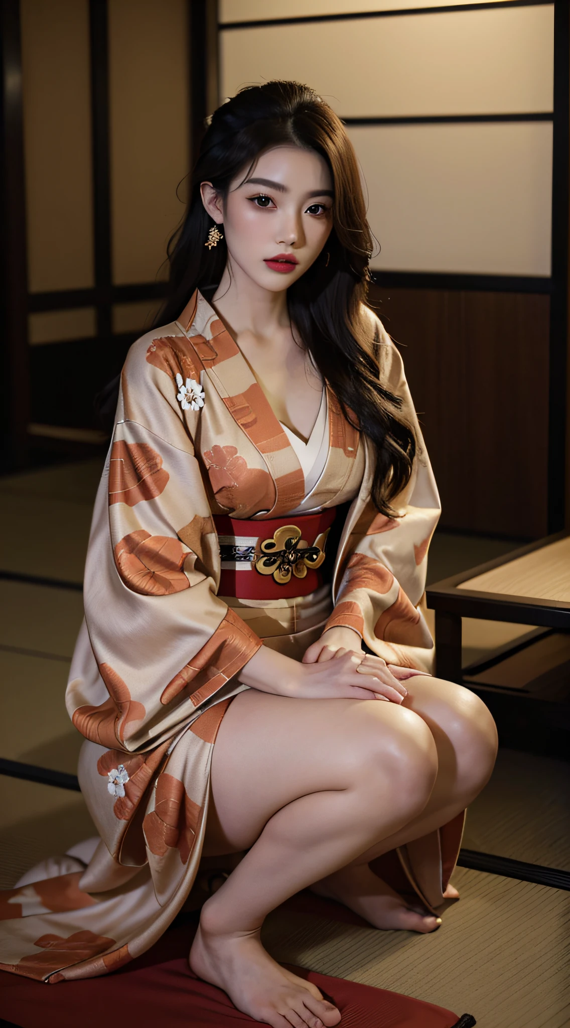 (Top image quality、8k、masuter piece:1.3))、(Realistic:1.2)、(1girl in)、20yr old、huge tit、(geisha hair:1.2)、(Deities々Bright luxury kimono:1.2)、(all-fours:1.2)、long kimono、(Oiran:1.3)、Delicat eyes、二重まぶた、(Very dark eyeliner)、red-lips、Soft breasts、delicated face