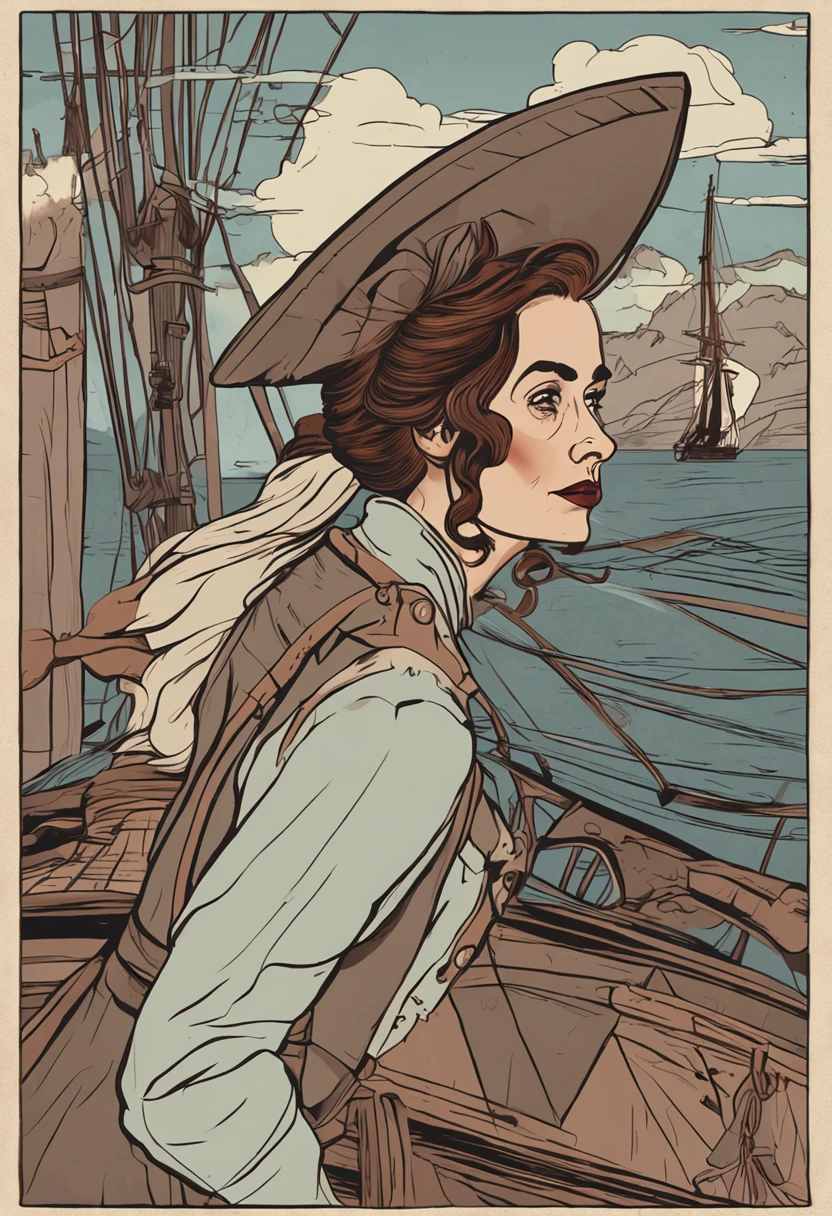 Woman with short brown hair，Wearing a gray trench coat，Take the fire hammer，With a triangular captain's hat，18th century，Stand at the bow of an ancient sailing ship
