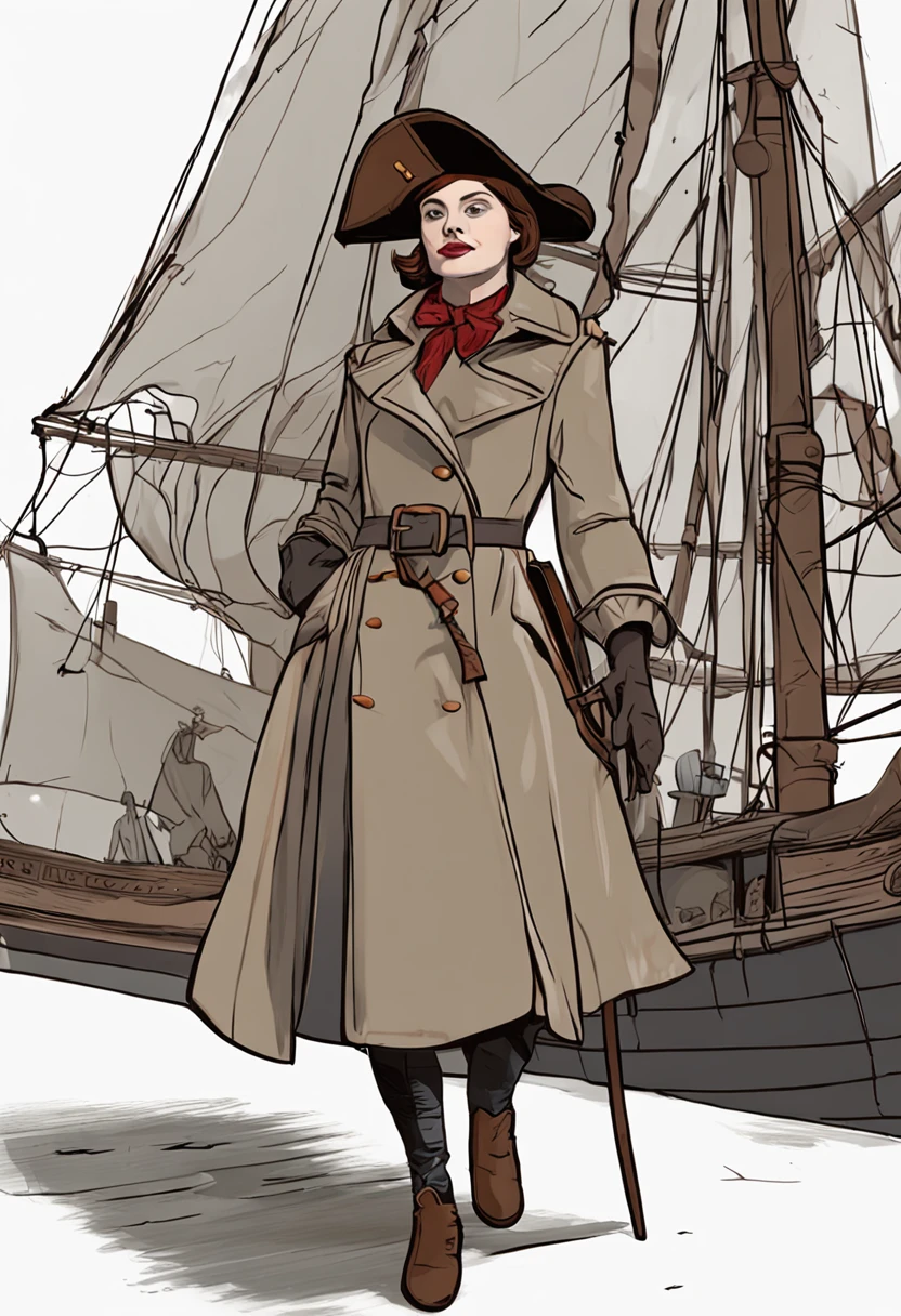 Woman with short brown hair,Wearing a gray trench coat,Take the fire hammer,With a triangular captain's hat,18th century,Stand at the bow of an ancient sailing ship