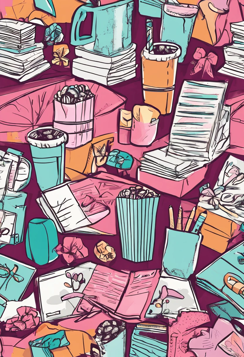 papelaria fofa, com agendas, bloquinhos, lapis , canetas, cadernos, rosa, e papelaria fofa, mesas com meninas fofas escolhendo material escolar